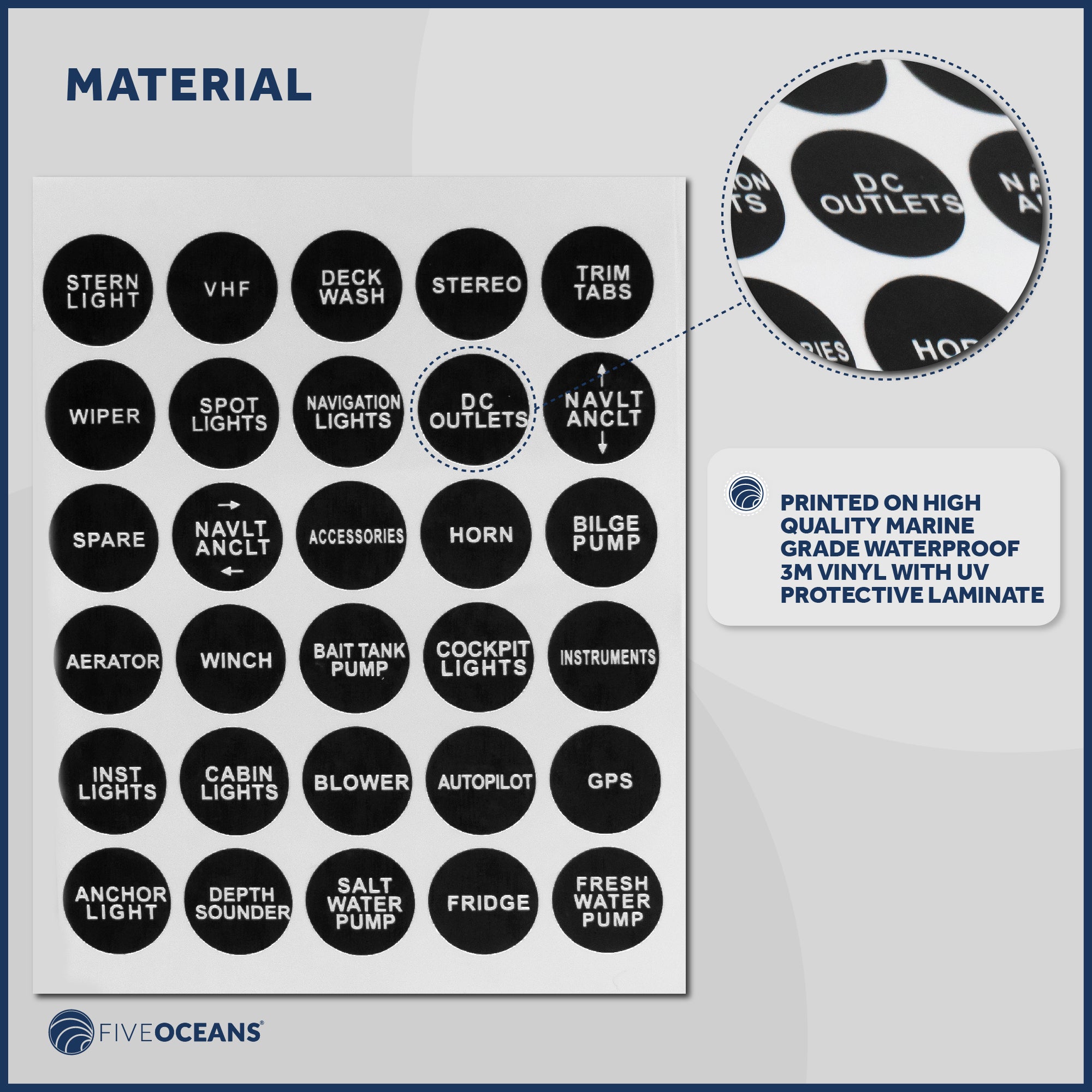 Boat Switch Panel Labels, 30 Pcs per Sheet - FO3928 - Five Oceans