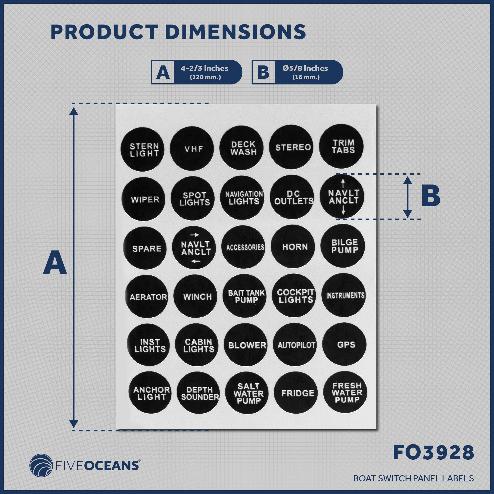 Boat Switch Panel Labels, 30 Pcs per Sheet - FO3928