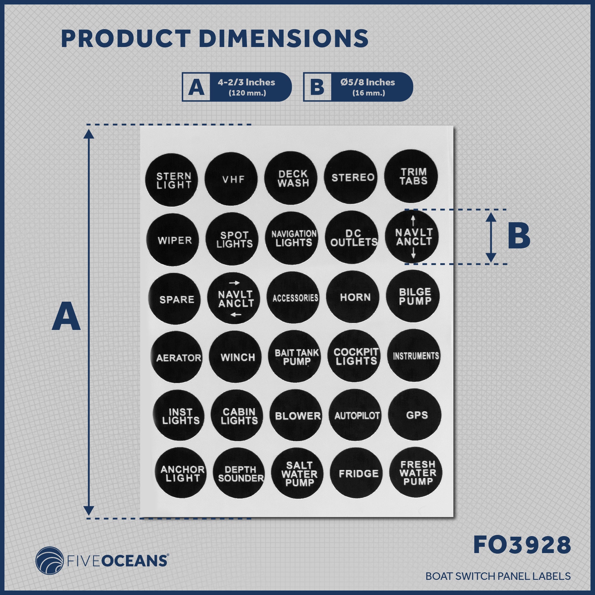 Boat Switch Panel Labels, 30 Pcs per Sheet - FO3928 - Five Oceans