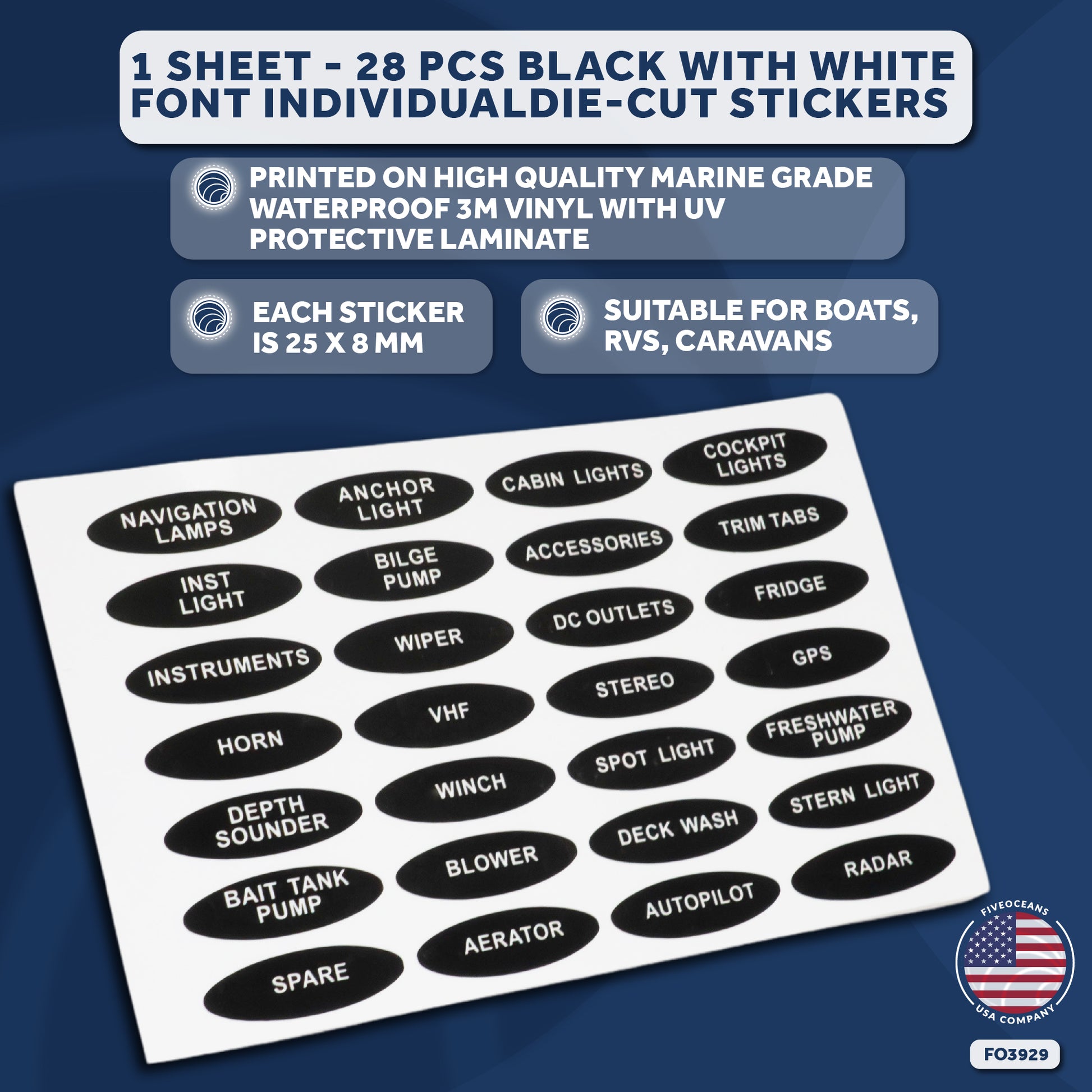 Boat Switch Panel Labels, 28 Pcs per Sheet - FO3929 - Five Oceans