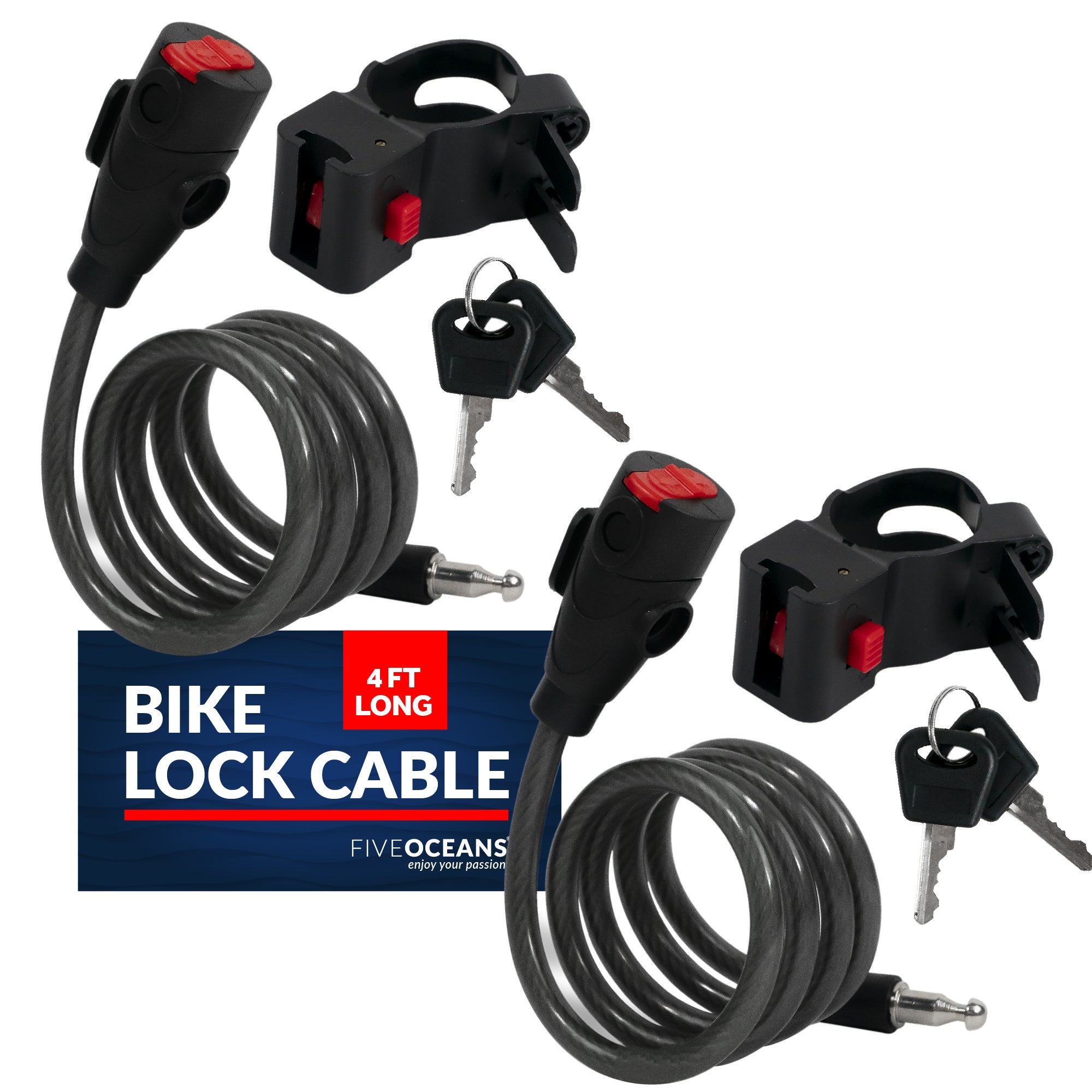 Bike Lock Cable, Keyed, with Mounting Bracket, 4', 2-pack - FO3956-M2 - Five Oceans