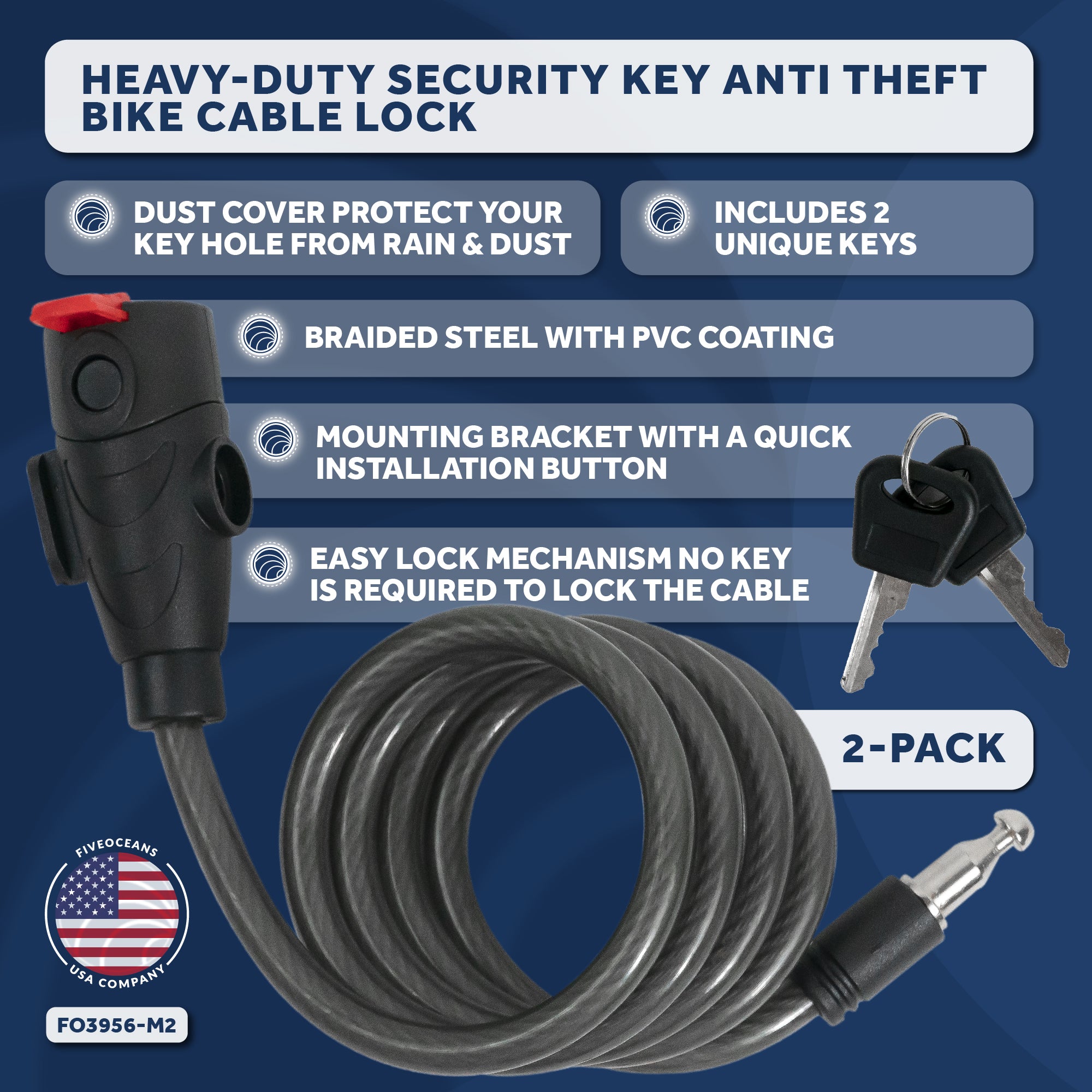 Bike Lock Cable, Keyed, with Mounting Bracket, 4', 2-pack - FO3956-M2 - Five Oceans