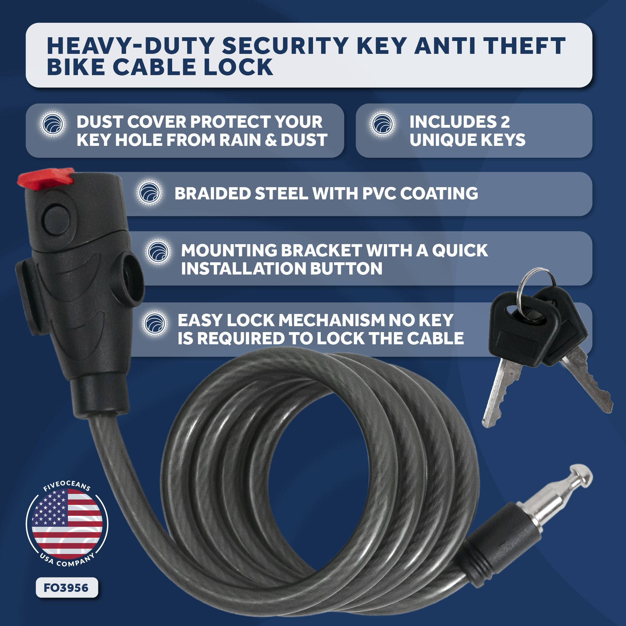 Bike Lock Cable, Keyed, with Mounting Bracket, 4' - FO3956 - Five Oceans