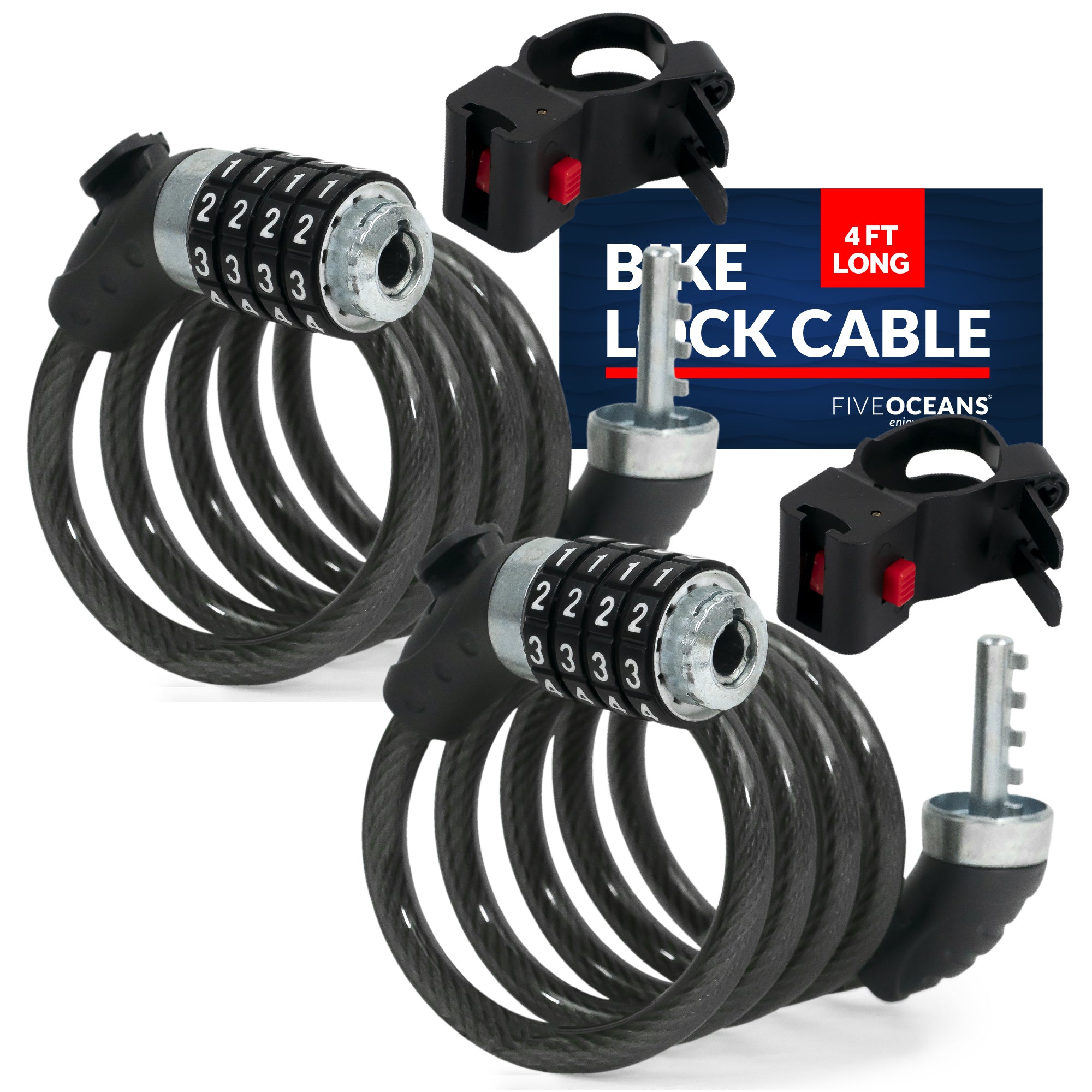 Bike Lock Cable, Combination Anti Theft, 4', 2-Pack - FO3957-M2 - Five Oceans