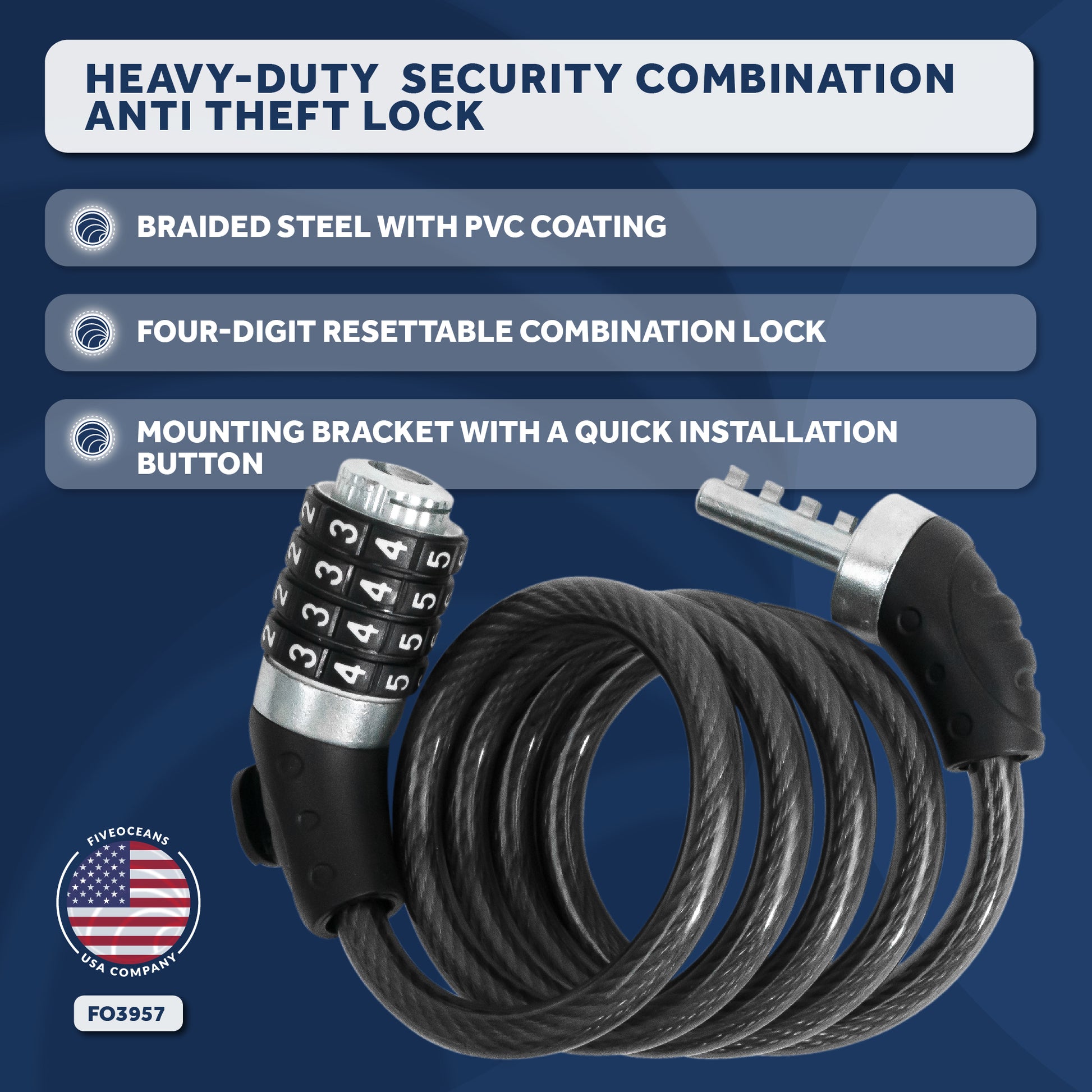 Bike Lock Cable, Combination Anti Theft, 4' - FO3957 - Five Oceans