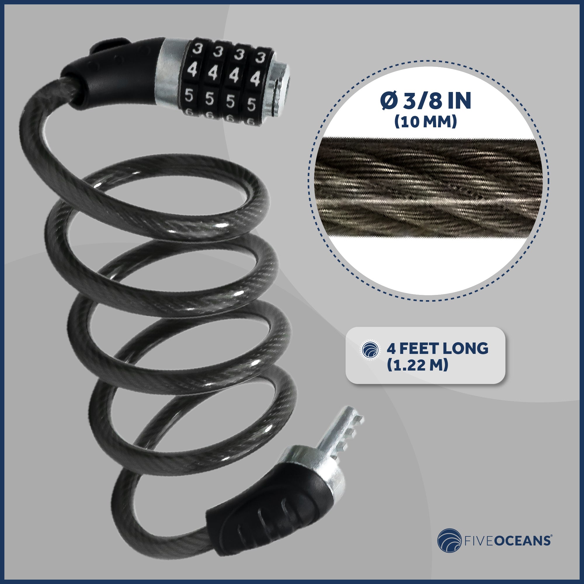 Bike Lock Cable, Combination Anti Theft, 4' - FO3957 - Five Oceans