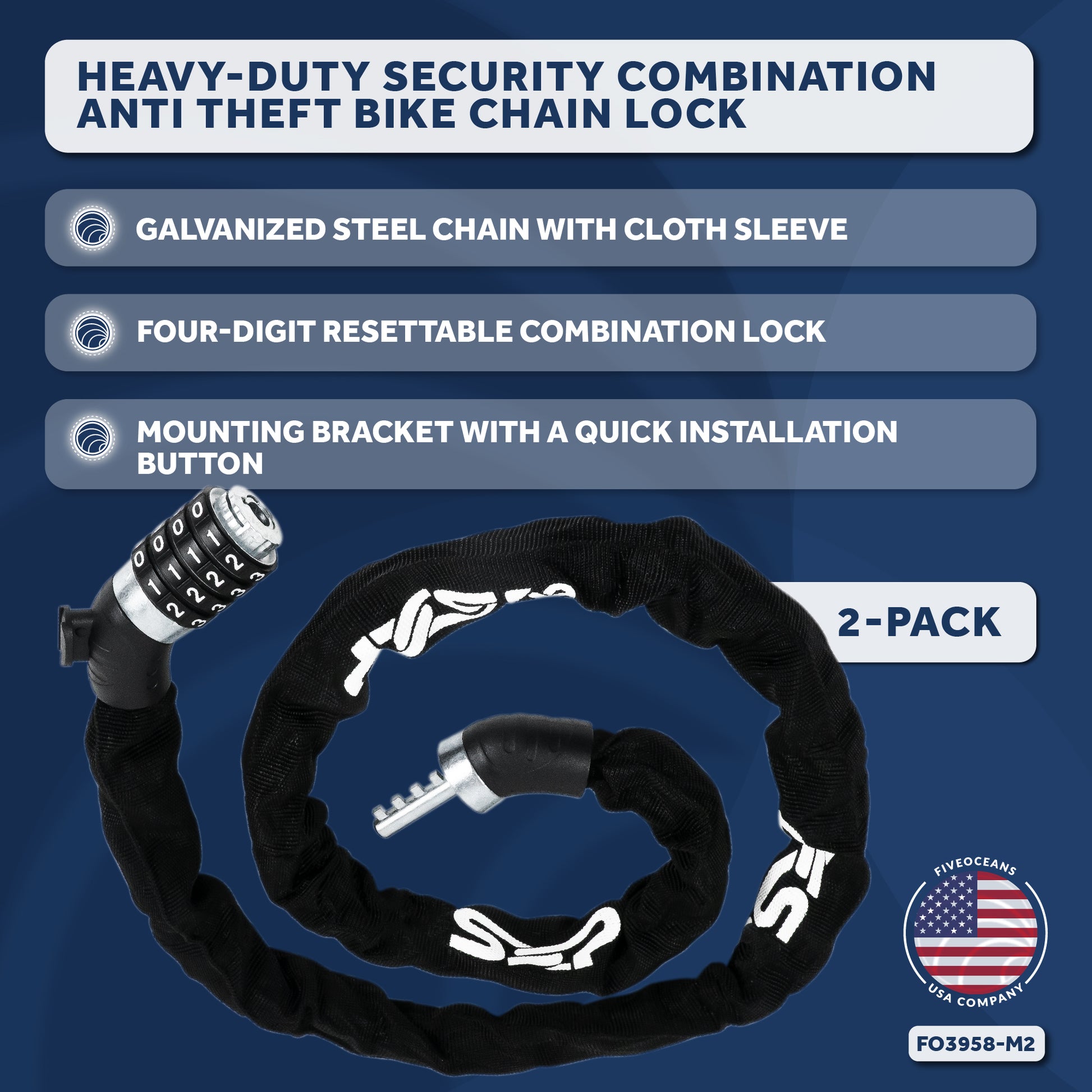 Bike Chain Lock, Combination Anti Theft, 4', 2-Pack - FO3958-M2 - Five Oceans