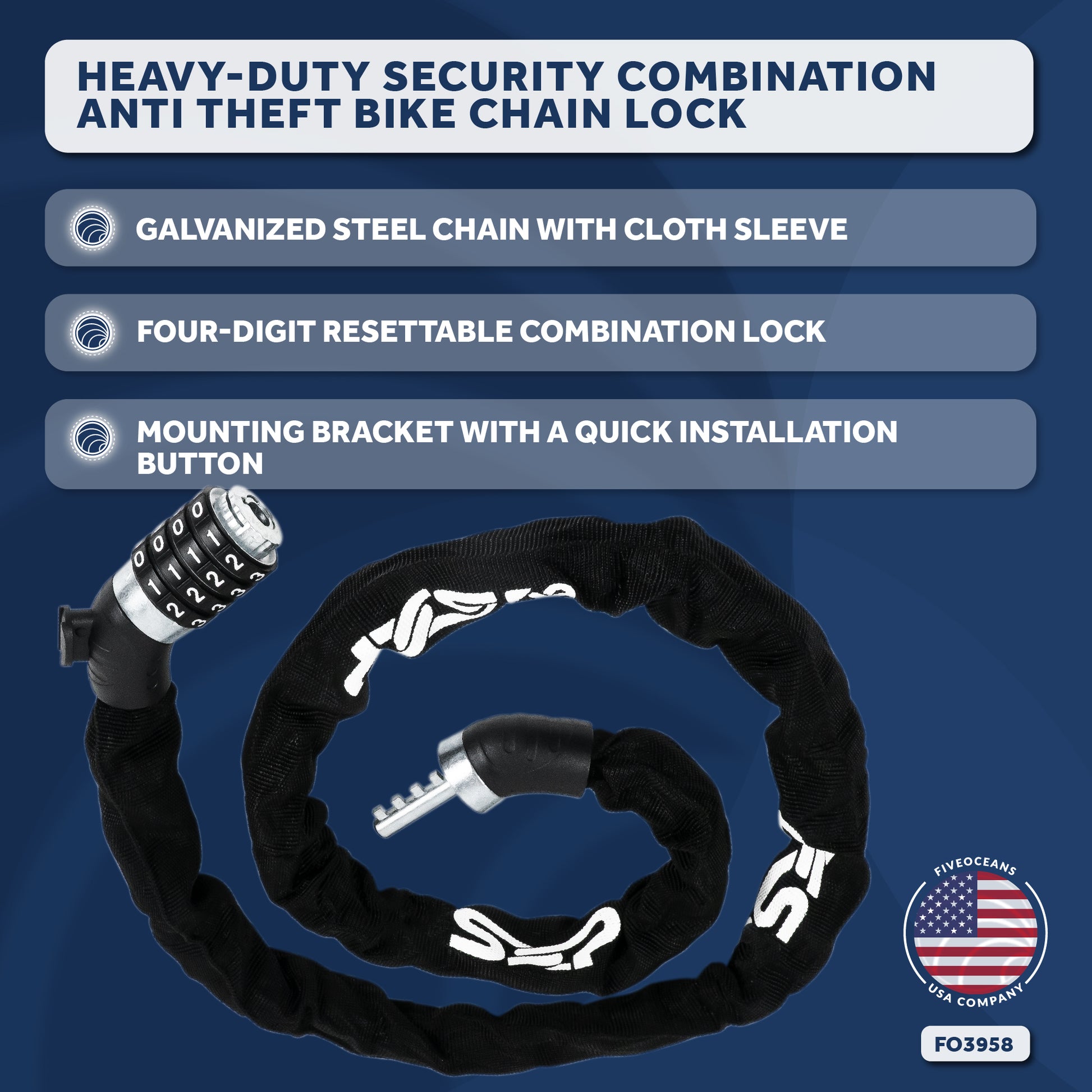 Bike Chain Lock, Combination Anti Theft, 4' - FO3958 - Five Oceans