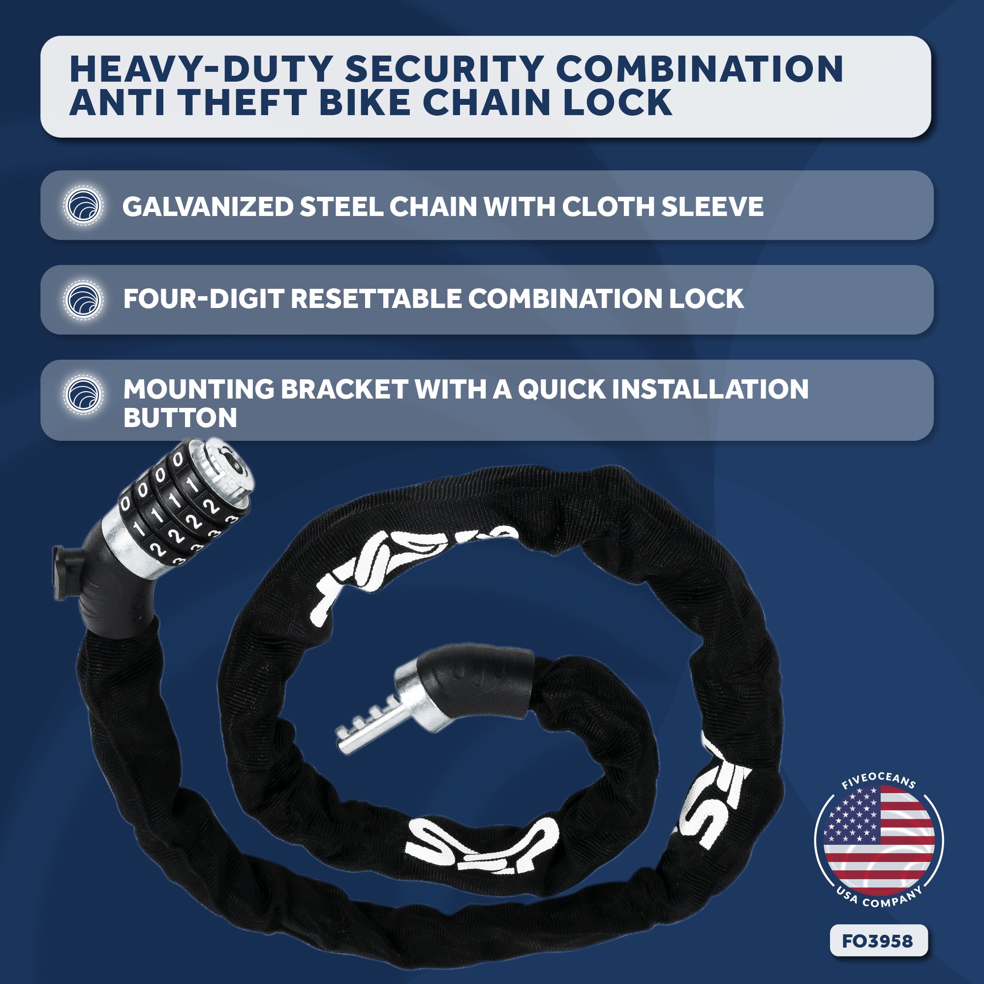 Bike Chain Lock, Combination Anti Theft, 4' - FO3958 - Five Oceans