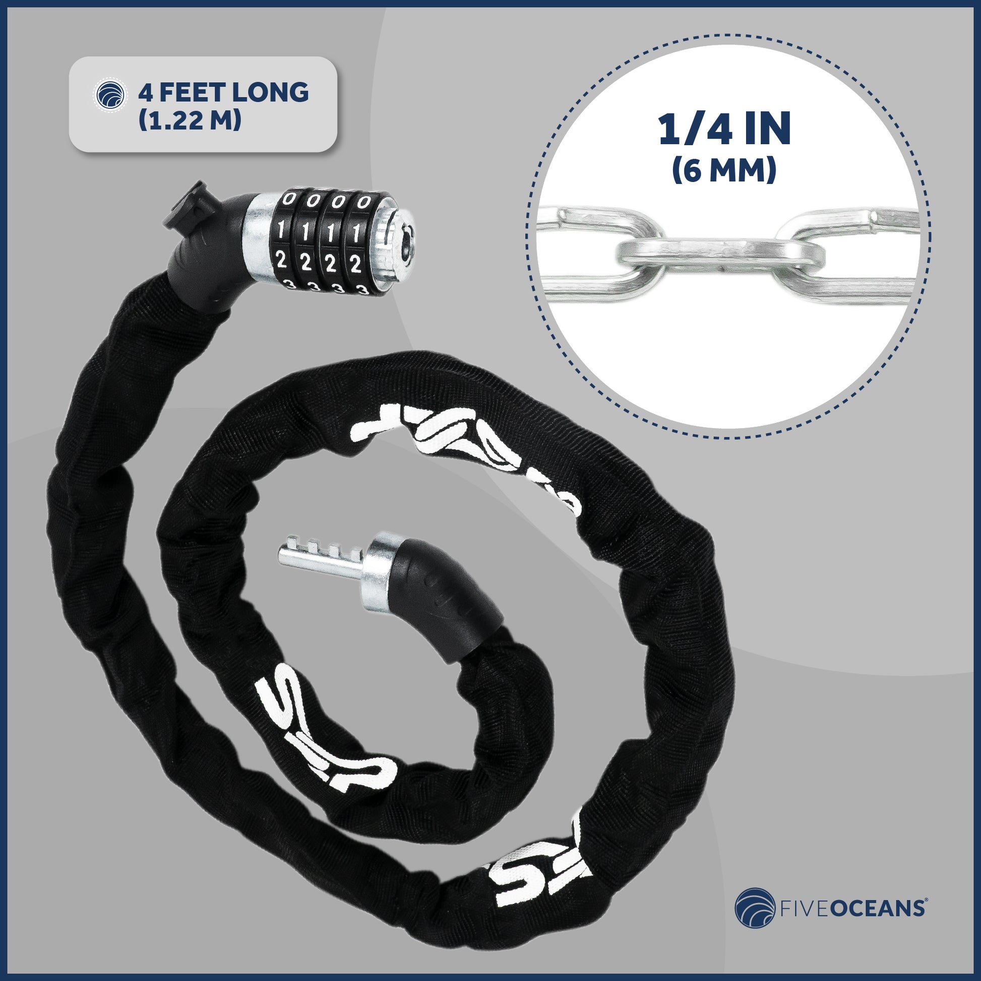 Bike Chain Lock, Combination Anti Theft, 4' - FO3958 - Five Oceans