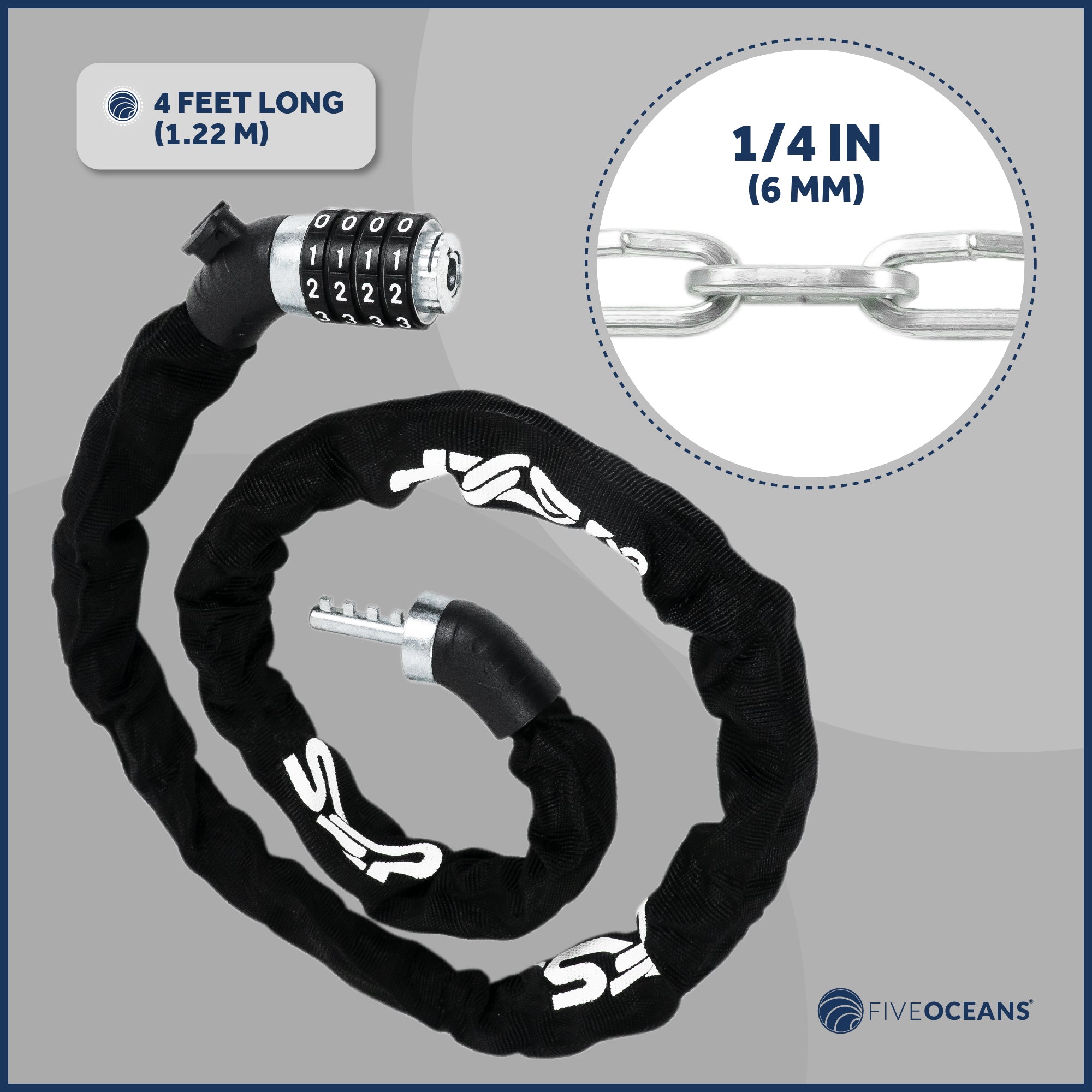 Bike Chain Lock, Combination Anti Theft, 4' - FO3958 - Five Oceans