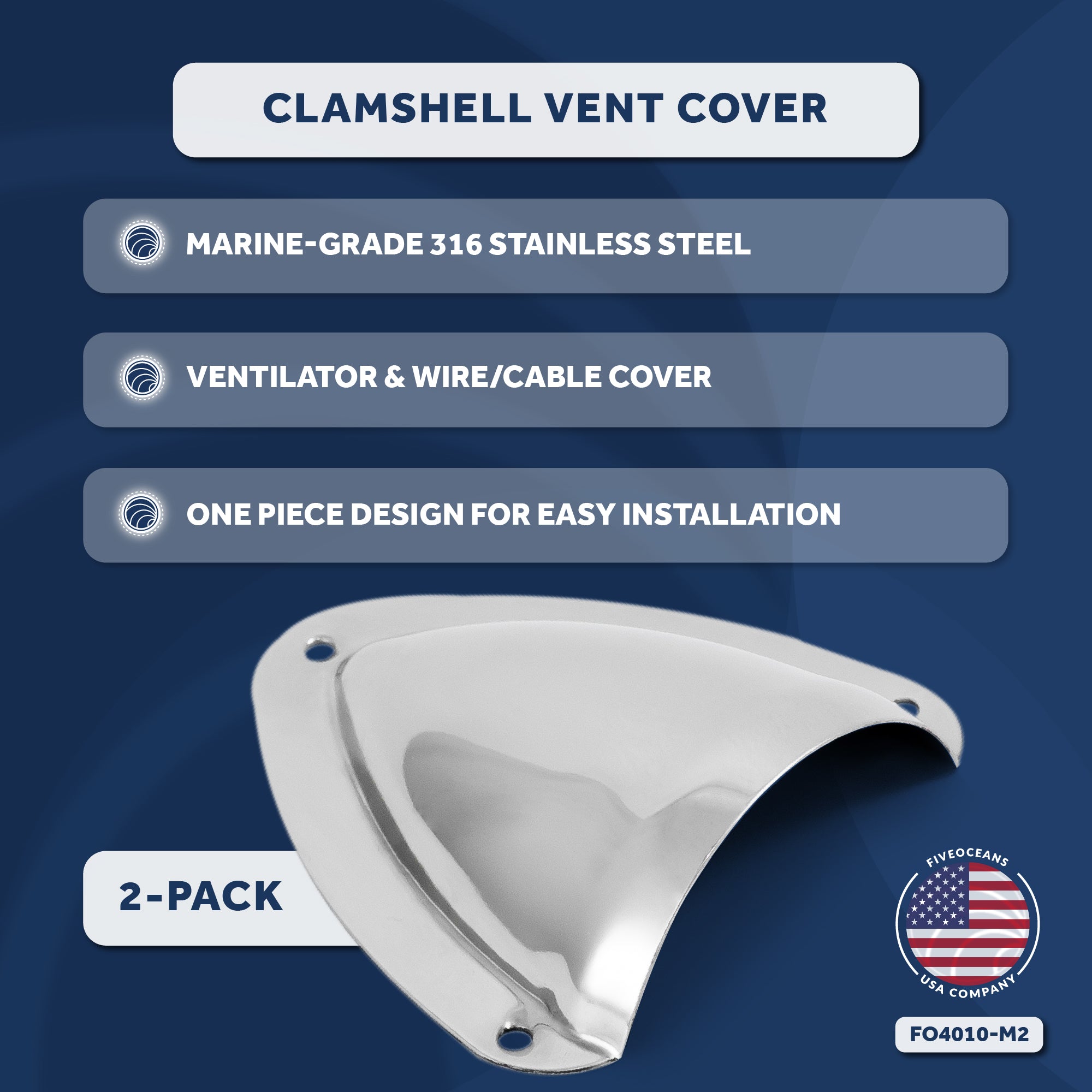 Clamshell Vent Cover, Base 3-11/16" L x 3-7/16" W, Stainless Steel - 2-Pack - FO4010-M2