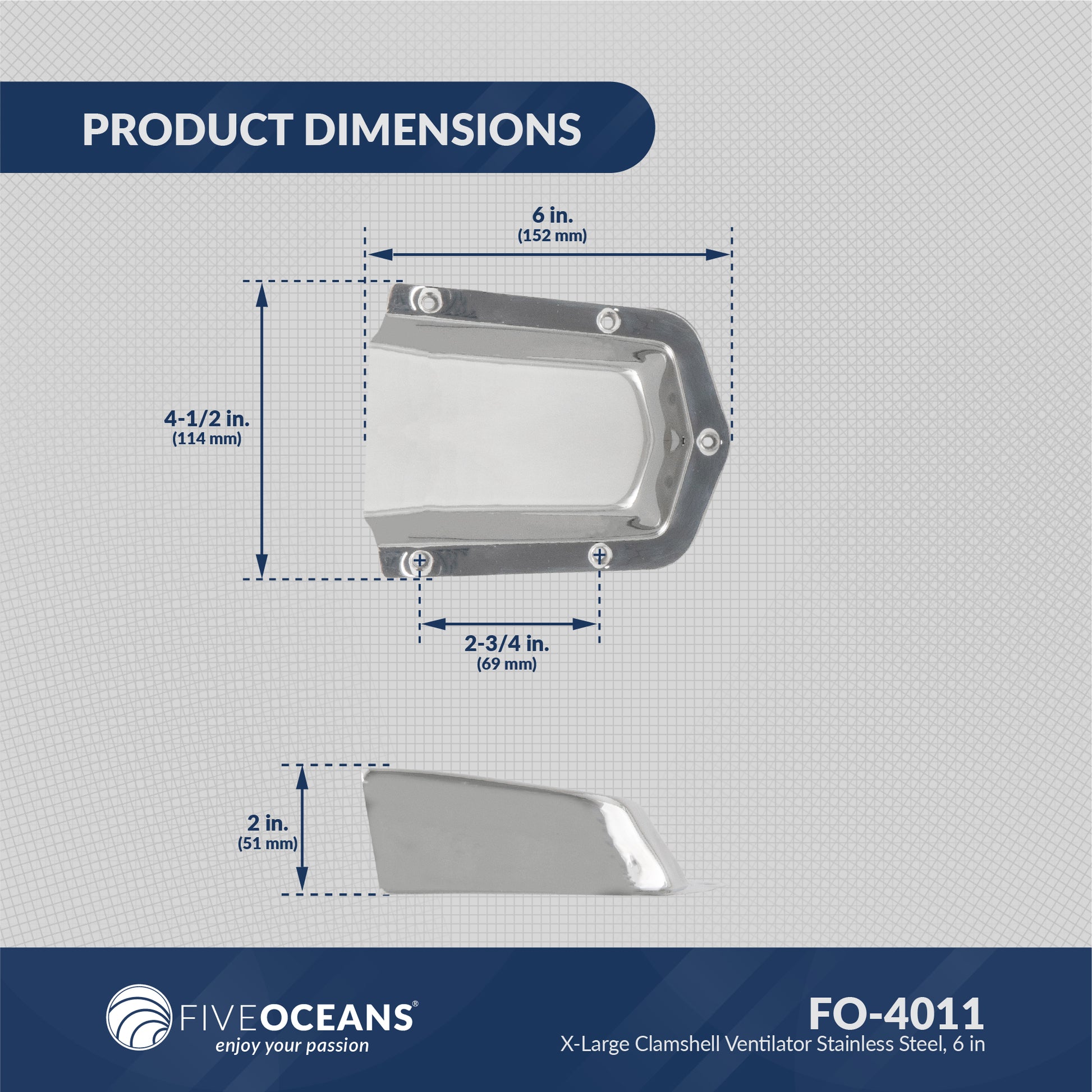 Extra Large Clamshell Ventilator & Wire Cable Pass-Thru Hole Cover, 6", Stainless Steel, 2-pack - FO4011-M2 - Five Oceans