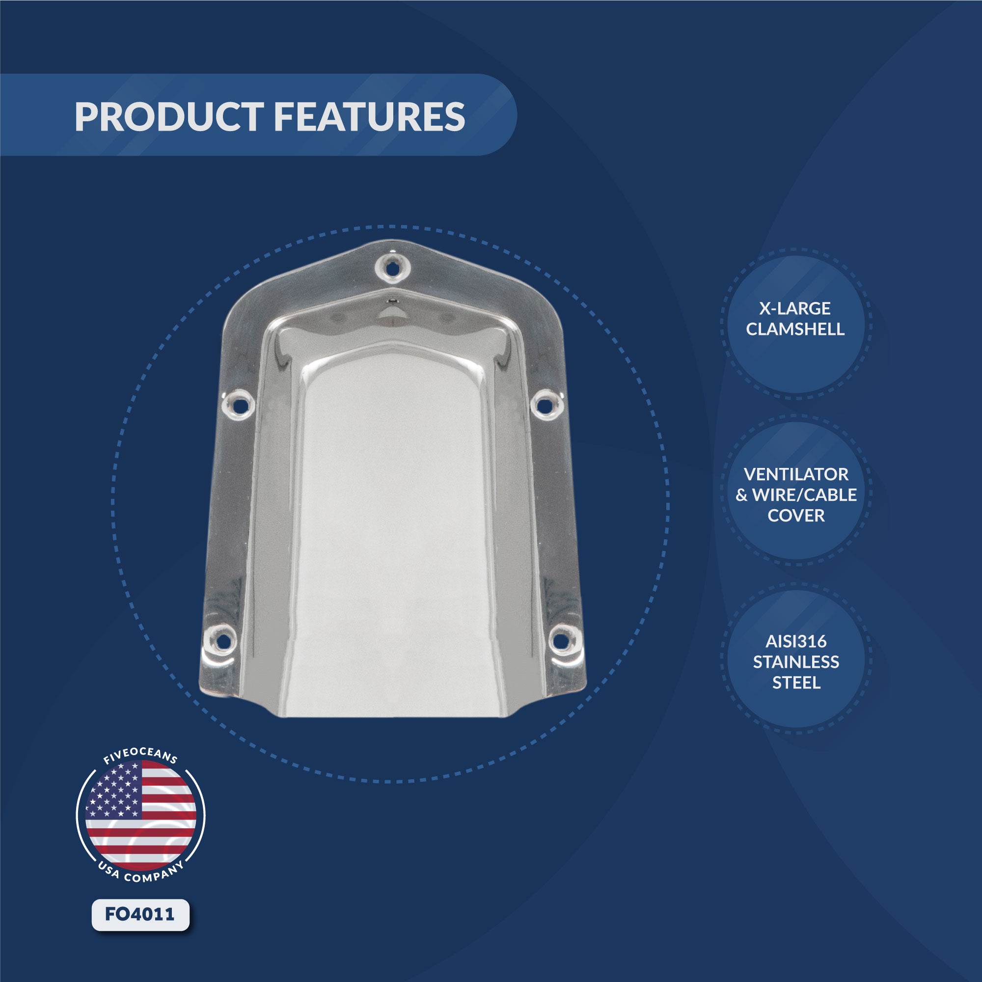 Clamshell Vent Cover, Base 6-Inch L x 4-1/2-Inch W, Stainless Steel - FO4011 - Five Oceans