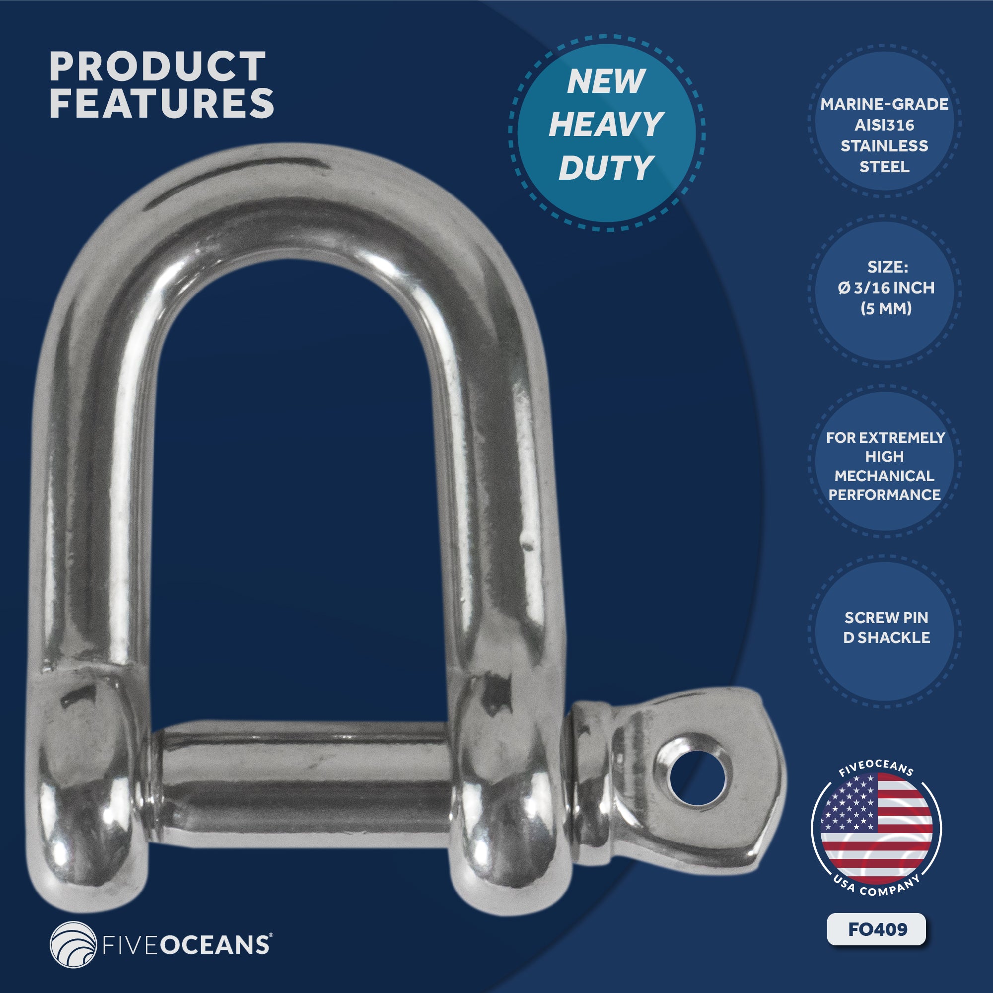 Pin D Shackles, 3/16" Screw, Stainless Steel - FO409
