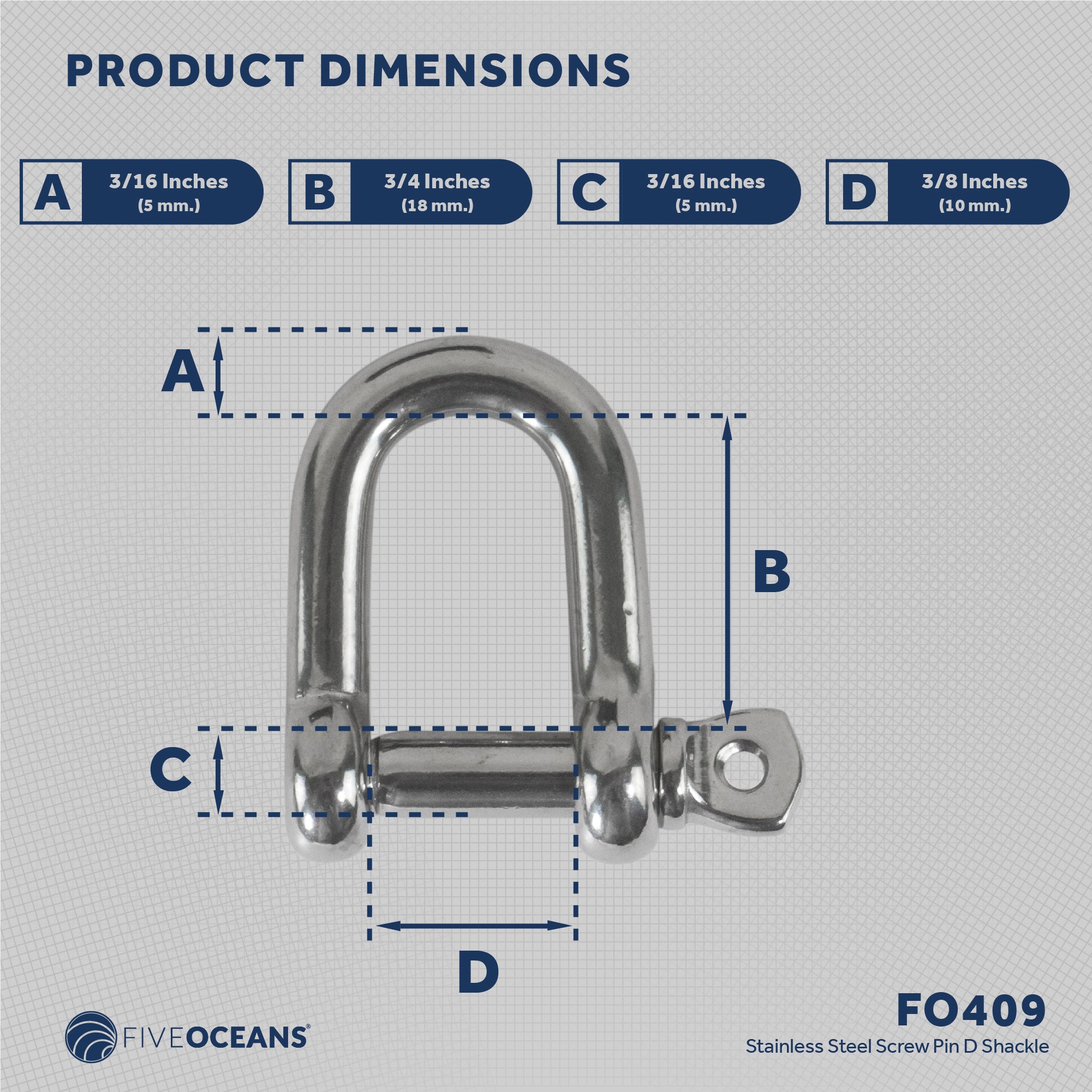 Pin D Shackles, 3/16" Screw, Stainless Steel - FO409 - Five Oceans