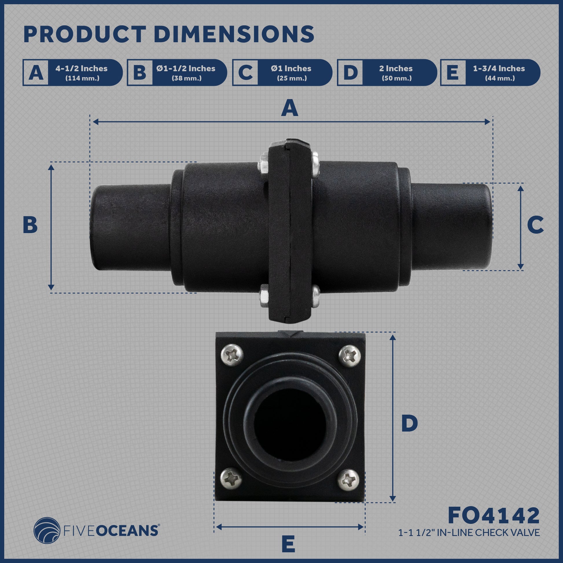 1 to 1-1/2" Check Valve, In-Line One-Way Stepped Connection - FO4142 - Five Oceans