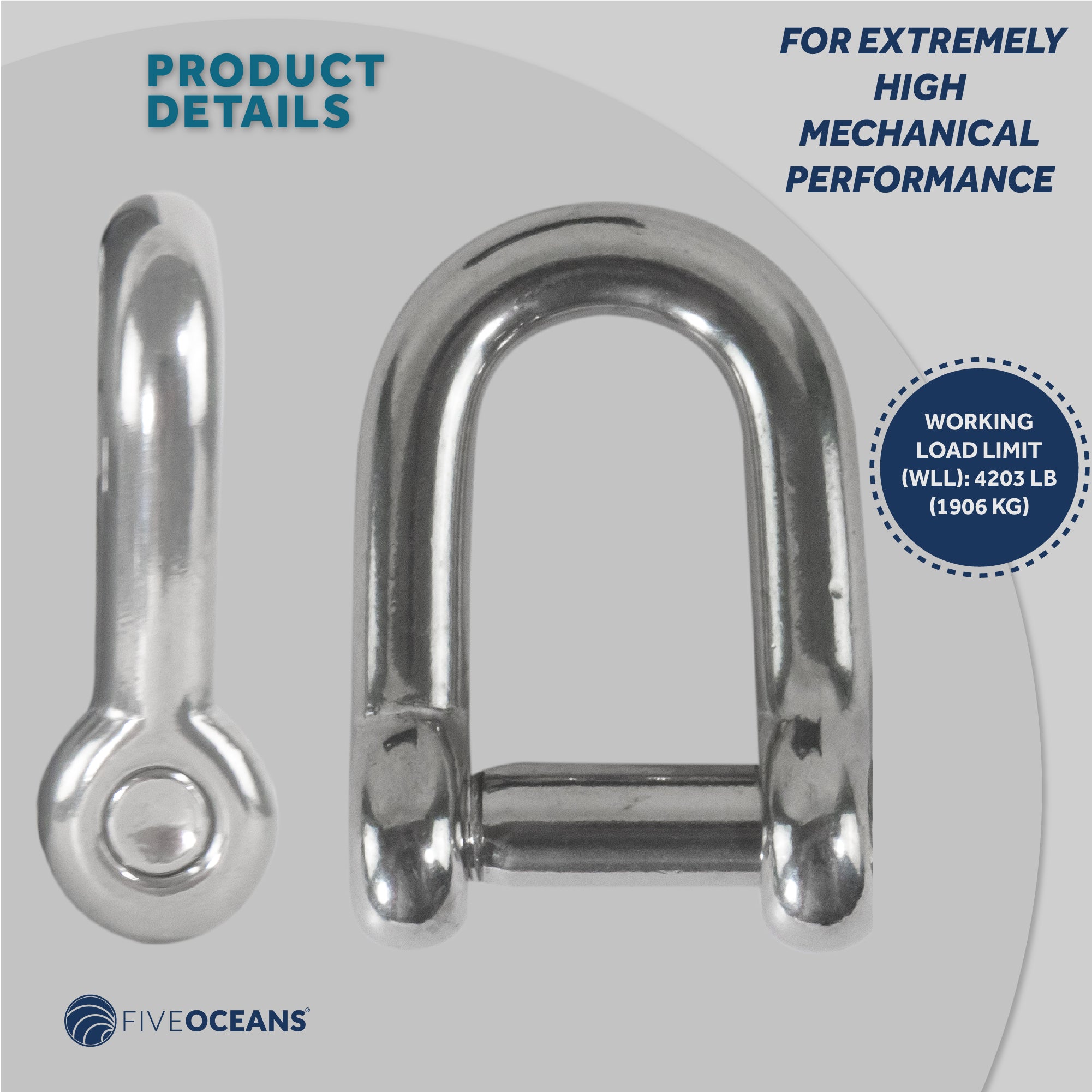 Pin D Shackles, 9/16" Screw, Stainless Steel - FO414 - Five Oceans
