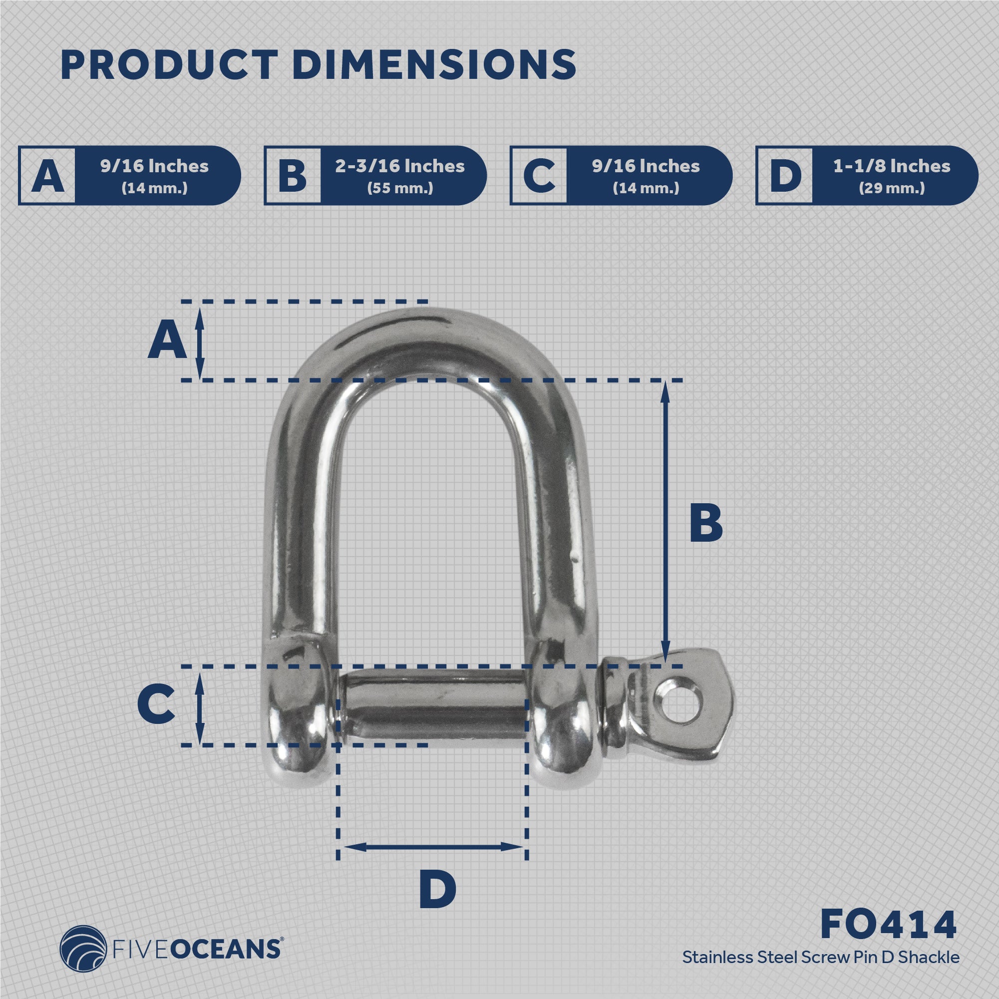 Pin D Shackles, 9/16" Screw, Stainless Steel - FO414 - Five Oceans