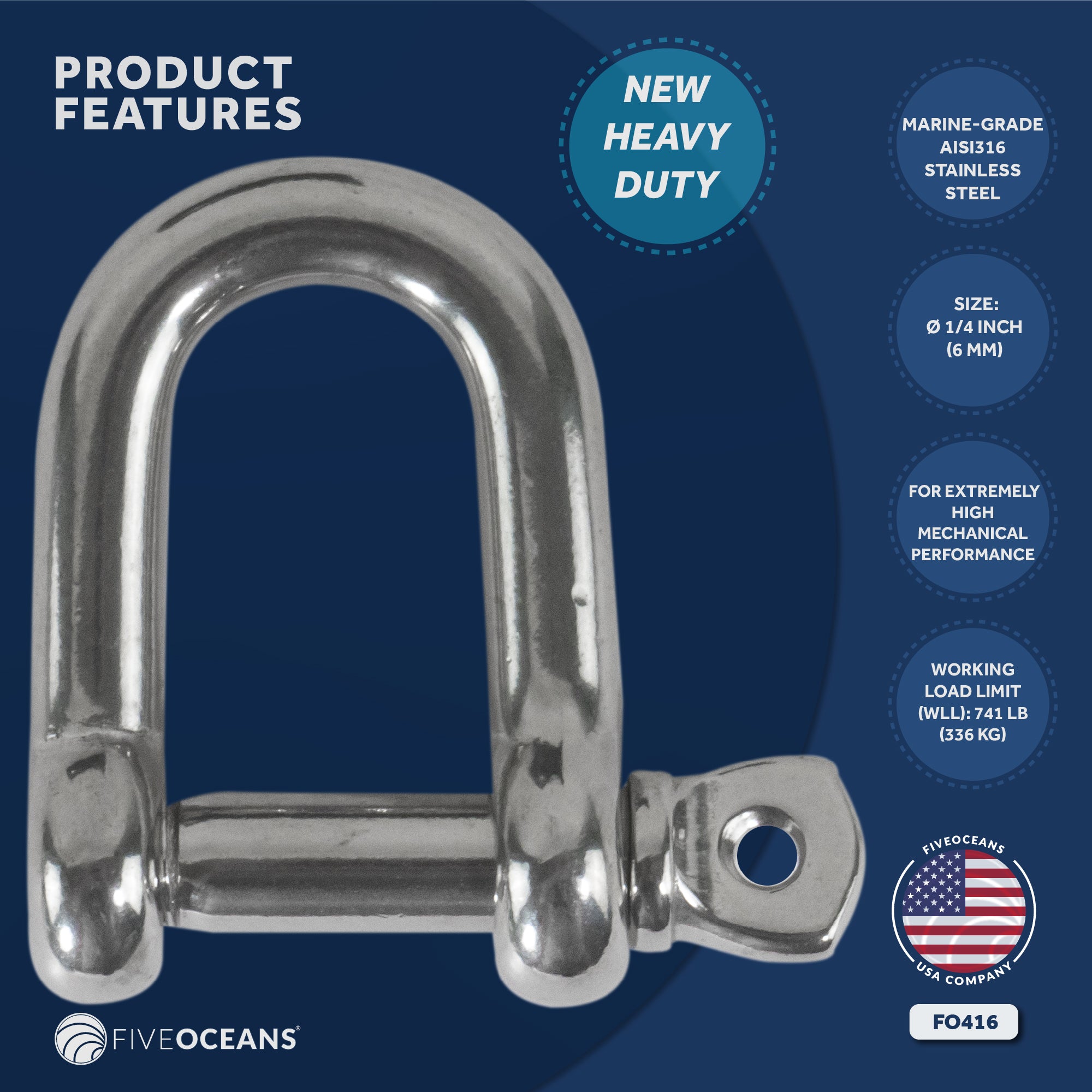 Captive Pin Shackles, 1/4"  Stainless Steel - FO416 - Five Oceans