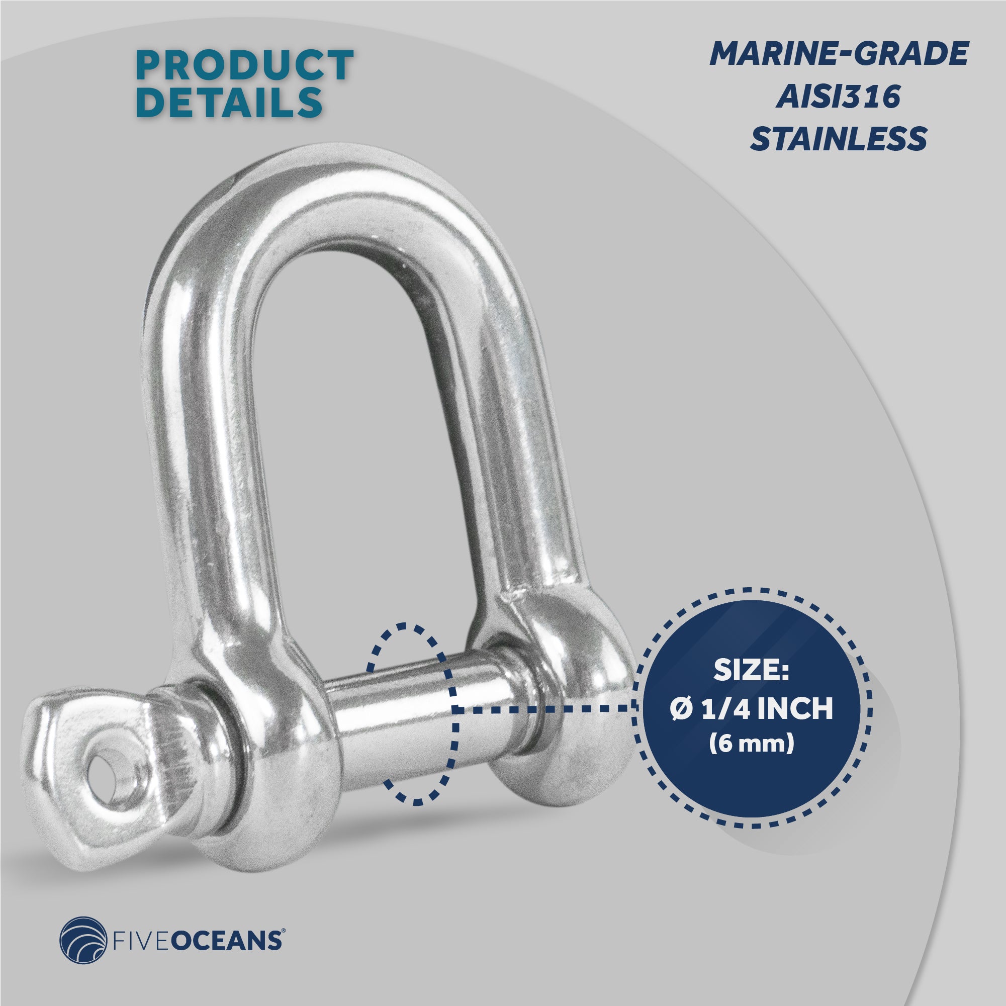 Captive Pin Shackles, 1/4"  Stainless Steel - FO416 - Five Oceans