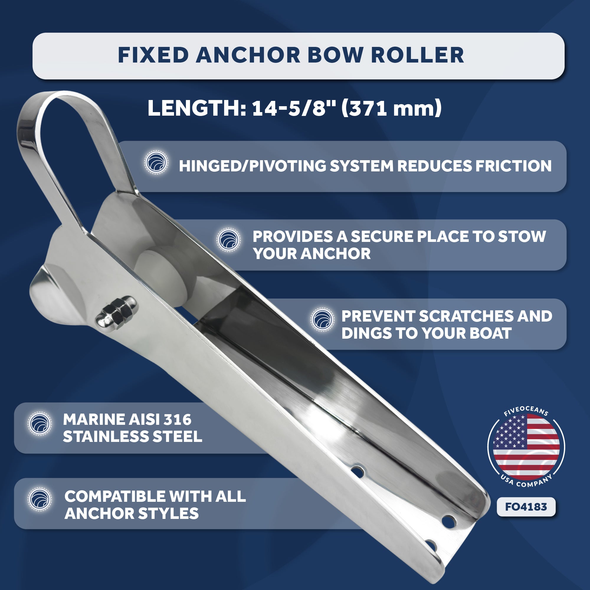 Fixed Anchor Bow Roller, Lenght 14-5/8", Stainless Steel - FO4183