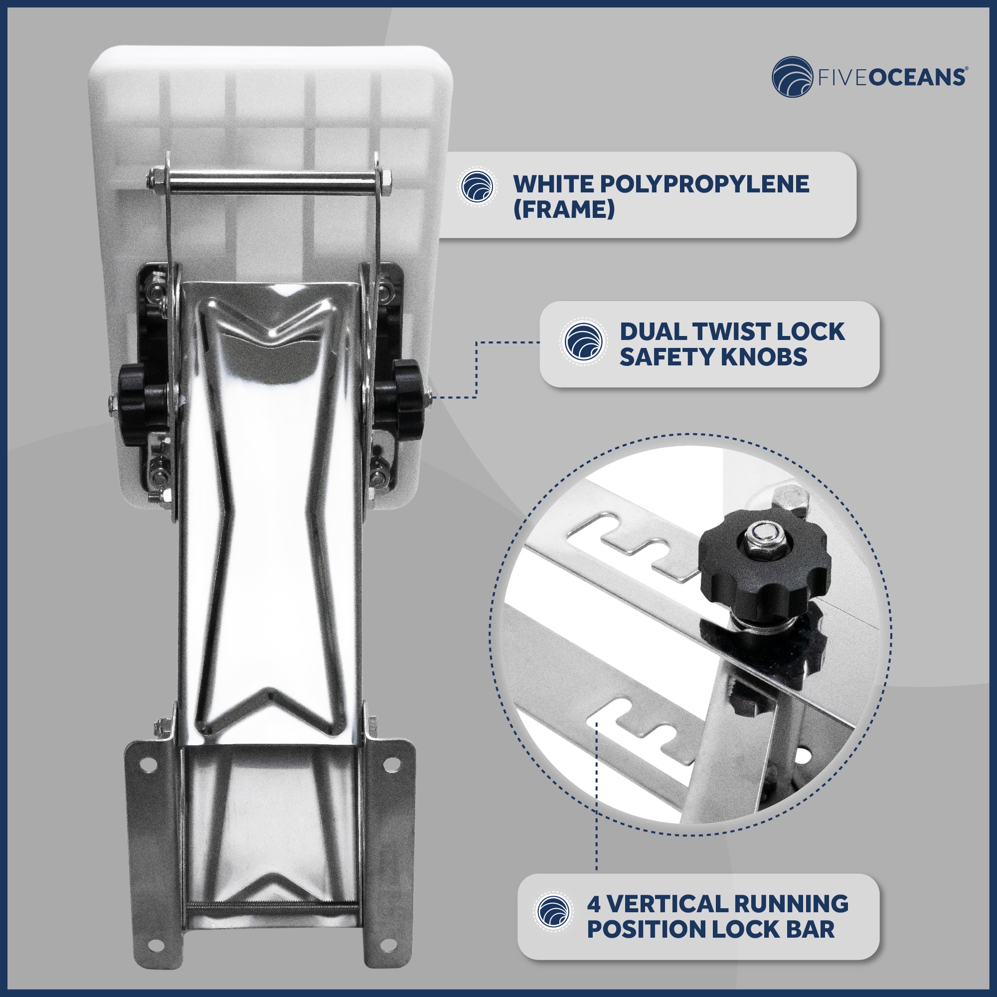 Adjustable Outboard Motor Bracket, Max. 25 Hp, Max. 130 Lb, 11-Inch of Travel, 316 Stainless Steel, White Board - FO4203 - Five Oceans