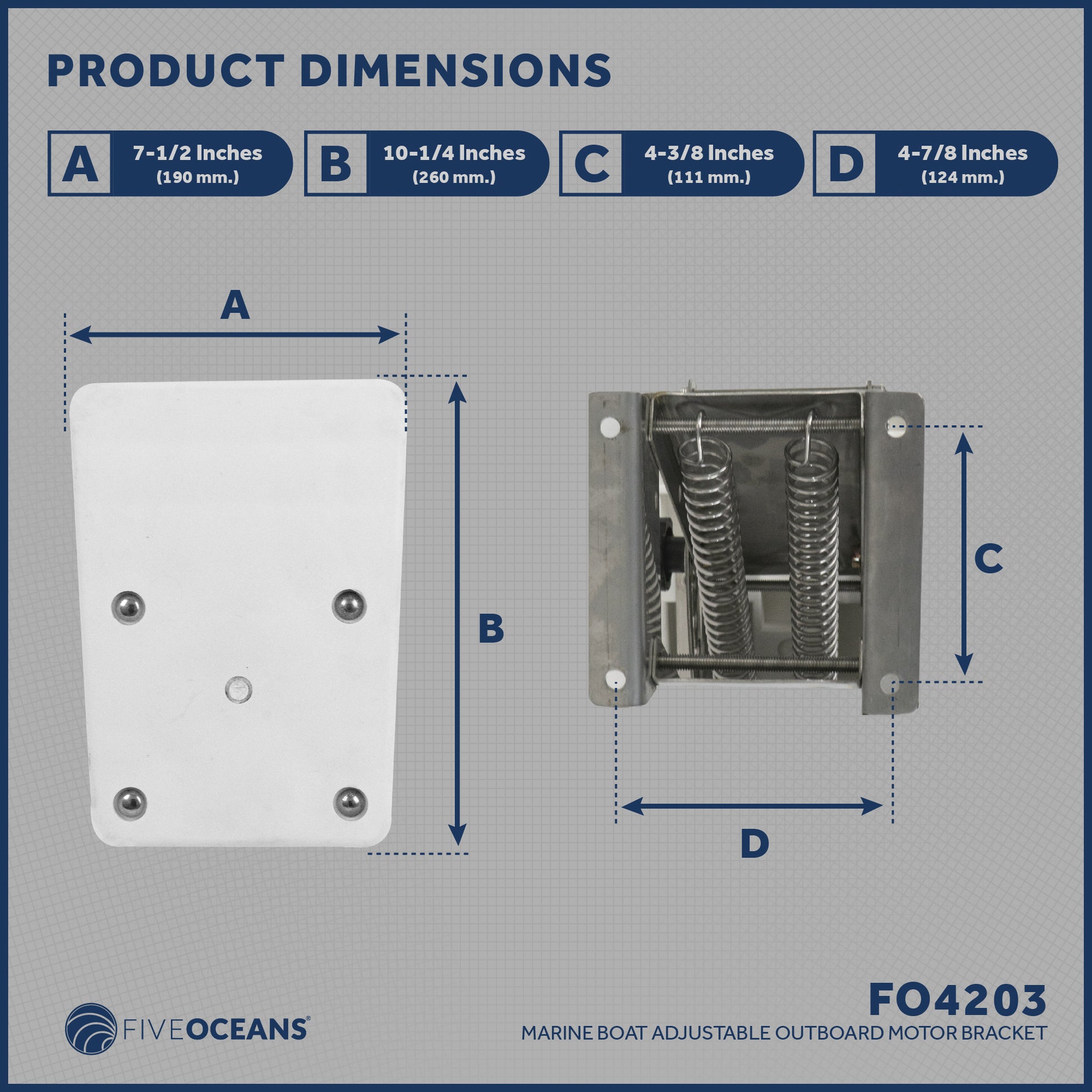 Adjustable Outboard Motor Bracket, Max. 25 Hp, Max. 130 Lb, 11-Inch of Travel, 316 Stainless Steel, White Board - FO4203 - Five Oceans