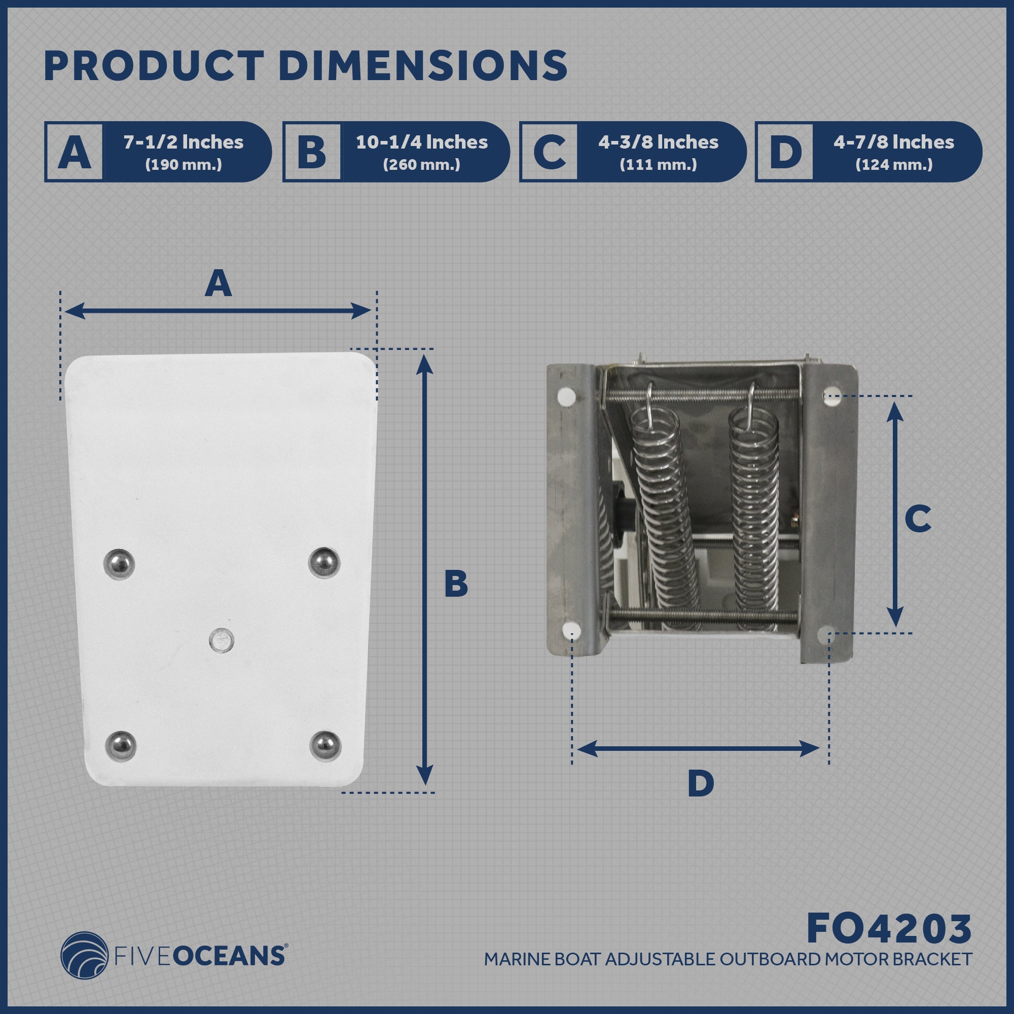 Adjustable Outboard Motor Bracket, Max. 25 Hp, Max. 130 Lb, 11-Inch of Travel, 316 Stainless Steel, White Board - FO4203 - Five Oceans