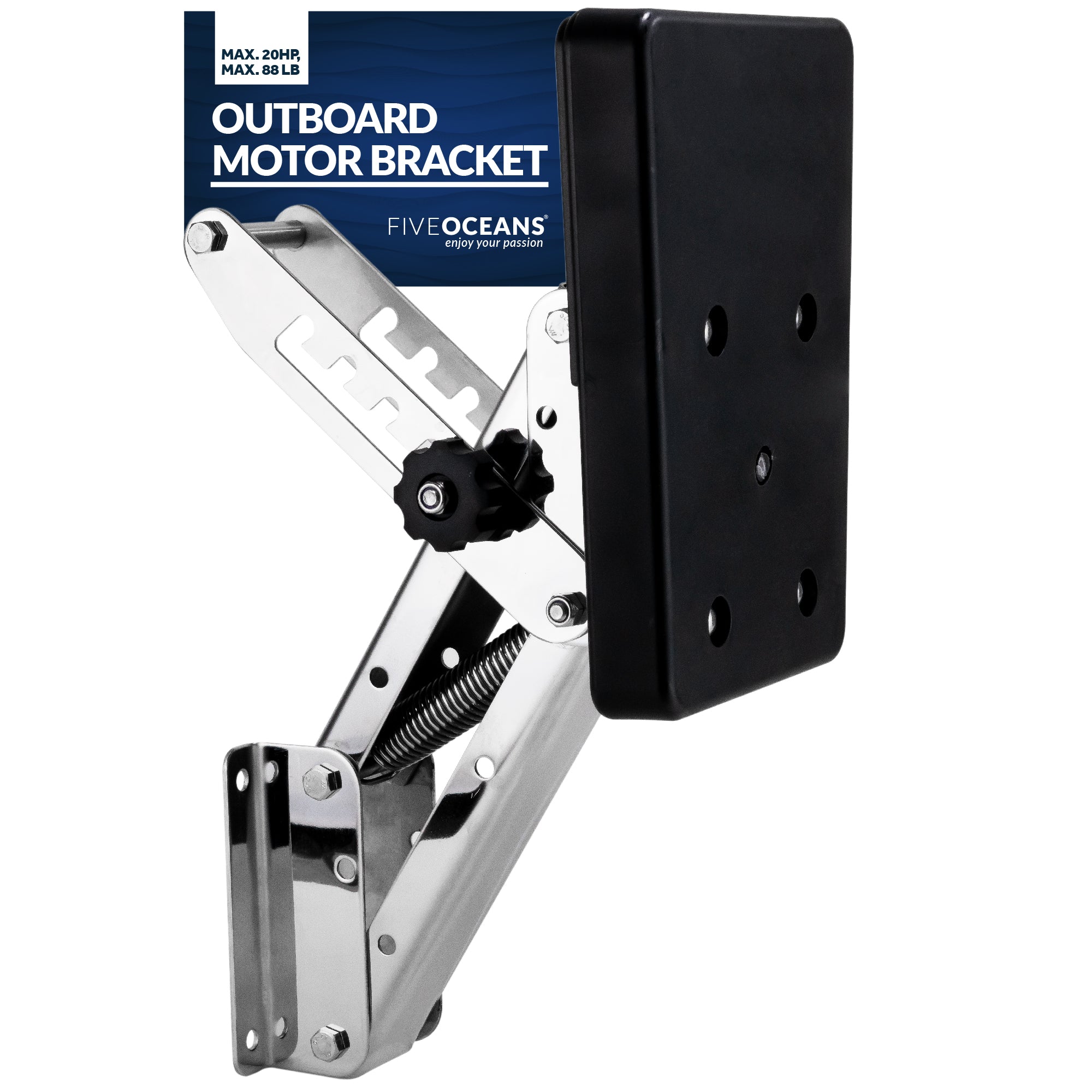 Adjustable Outboard Motor Bracket, Max. 20 Hp, Max. 88 Lb, 11-Inch of Travel, 316 Stainless Steel, Black Board - FO4204 - Five Oceans