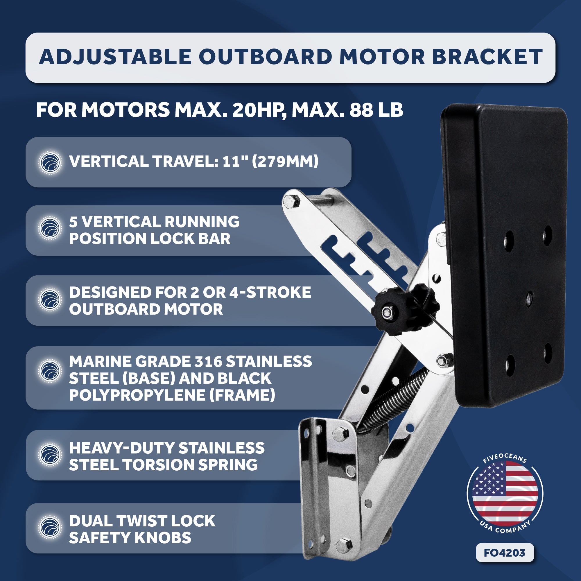 Adjustable Outboard Motor Bracket, Max. 20 Hp, Max. 88 Lb, 11-Inch of Travel, 316 Stainless Steel, Black Board - FO4204