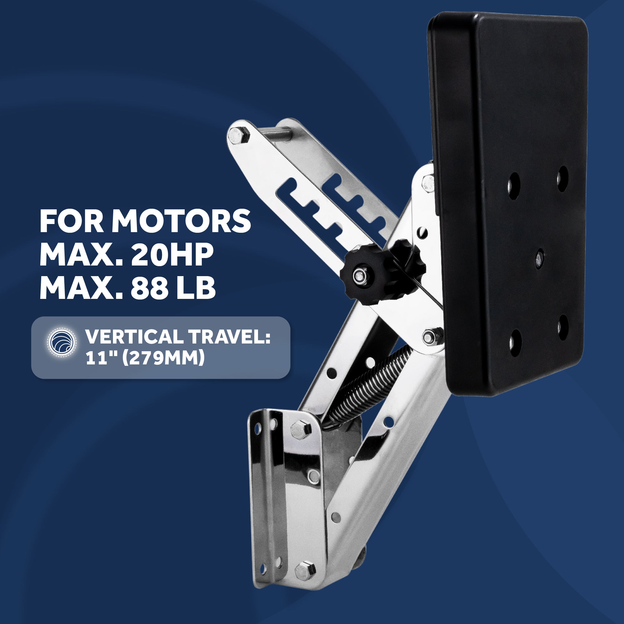 Adjustable Outboard Motor Bracket, Max. 20 Hp, Max. 88 Lb, 11-Inch of Travel, 316 Stainless Steel, Black Board - FO4204