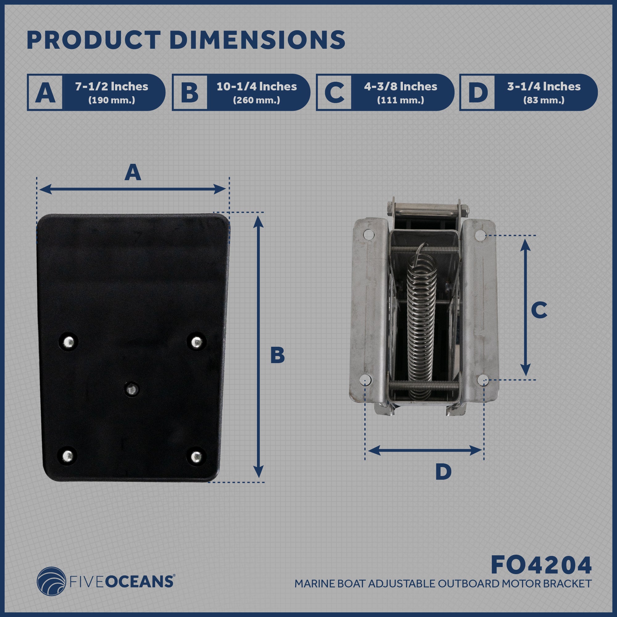 Adjustable Outboard Motor Bracket, Max. 20 Hp, Max. 88 Lb, 11-Inch of Travel, 316 Stainless Steel, Black Board - FO4204