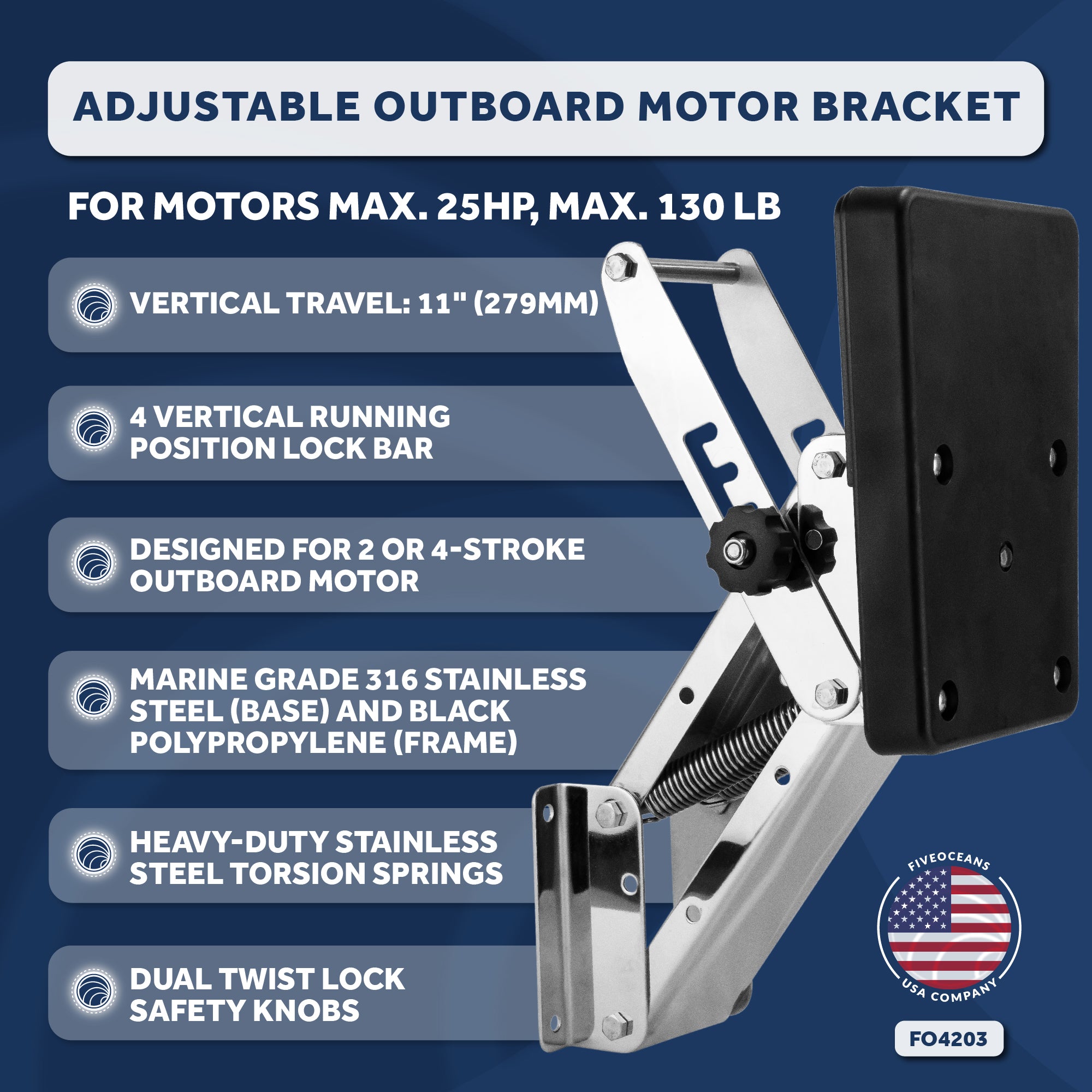 Adjustable Outboard Motor Bracket, Max. 25 Hp, Max. 130 Lb, 11-Inch of Travel, 316 Stainless Steel, Black Board - FO4205