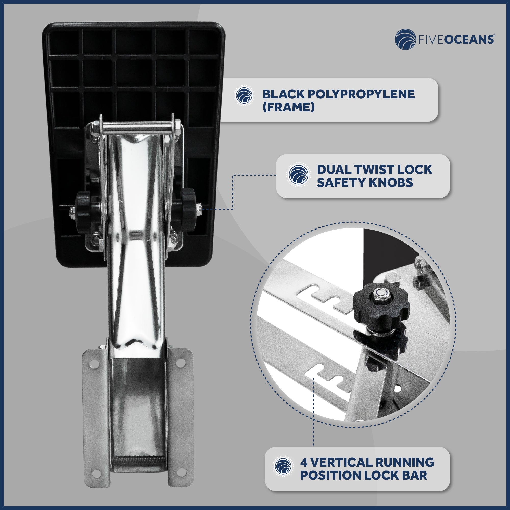Adjustable Outboard Motor Bracket, Max. 25 Hp, Max. 130 Lb, 11-Inch of Travel, 316 Stainless Steel, Black Board - FO4205 - Five Oceans