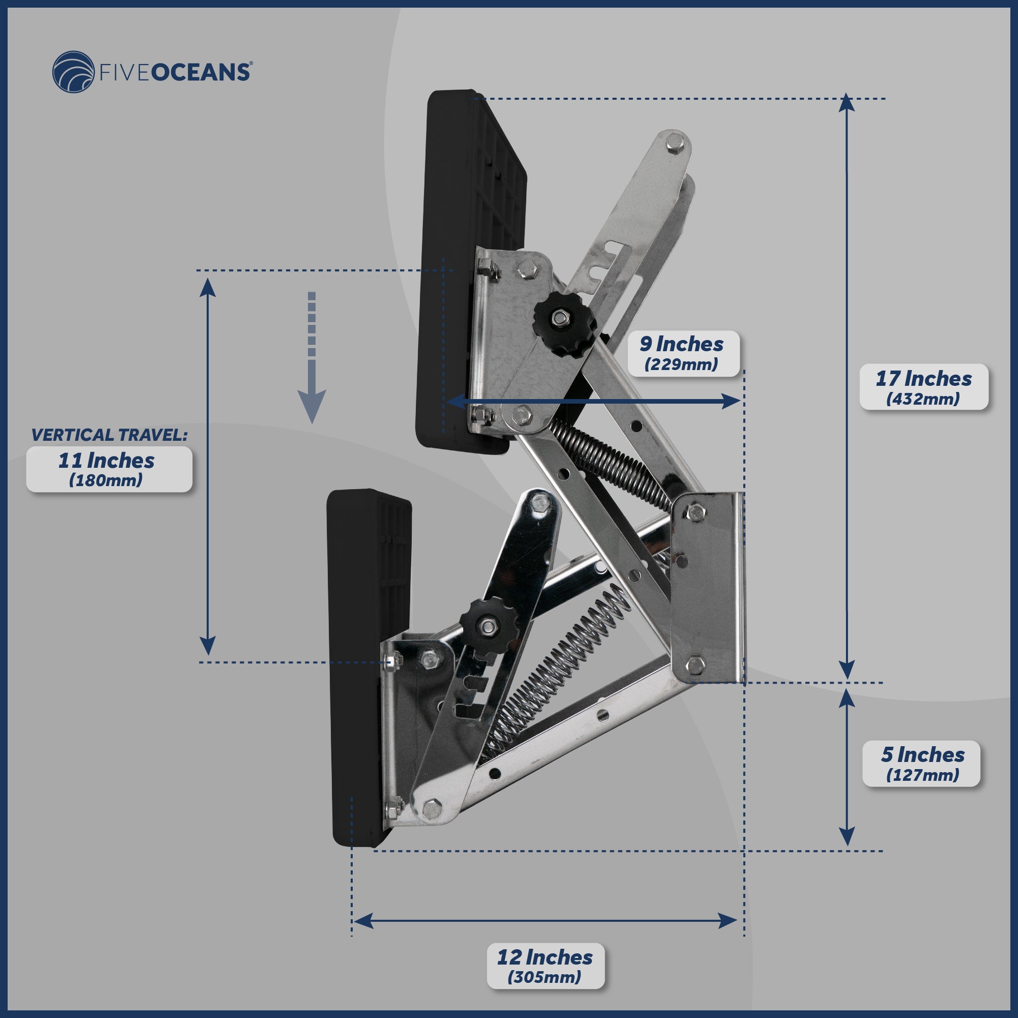 Adjustable Outboard Motor Bracket, Max. 25 Hp, Max. 130 Lb, 11-Inch of Travel, 316 Stainless Steel, Black Board - FO4205 - Five Oceans