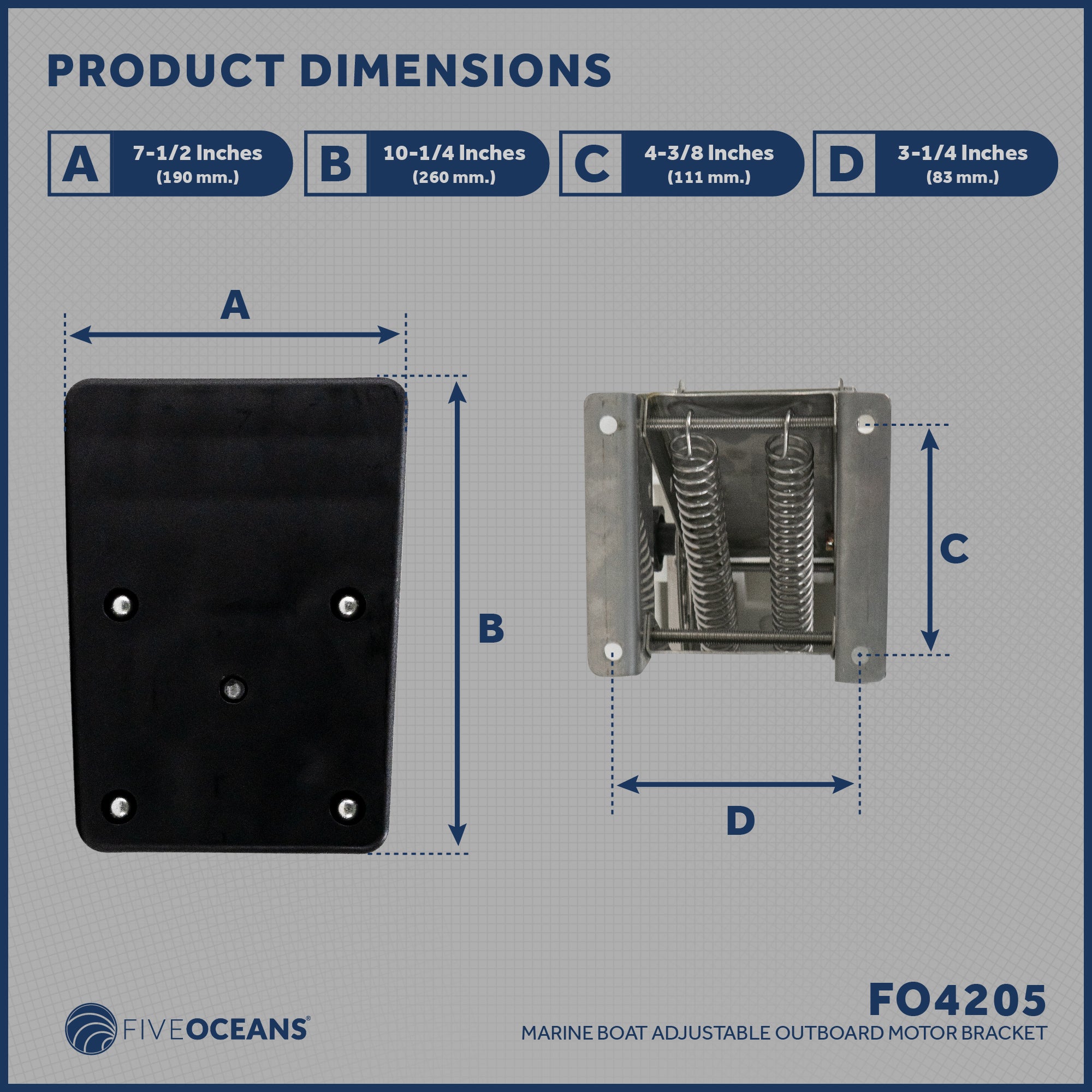 Adjustable Outboard Motor Bracket, Max. 25 Hp, Max. 130 Lb, 11-Inch of Travel, 316 Stainless Steel, Black Board - FO4205 - Five Oceans