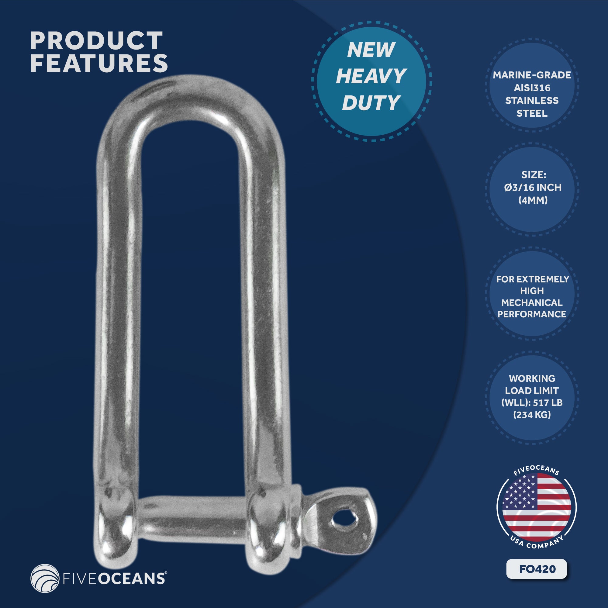 Pin Long D Shackles, 3/16" Stainless Steel - FO420 - Five Oceans