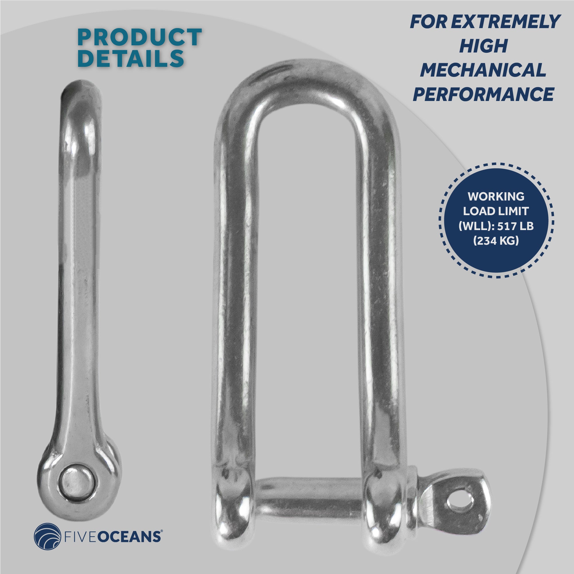 Pin Long D Shackles, 3/16" Stainless Steel - FO420 - Five Oceans