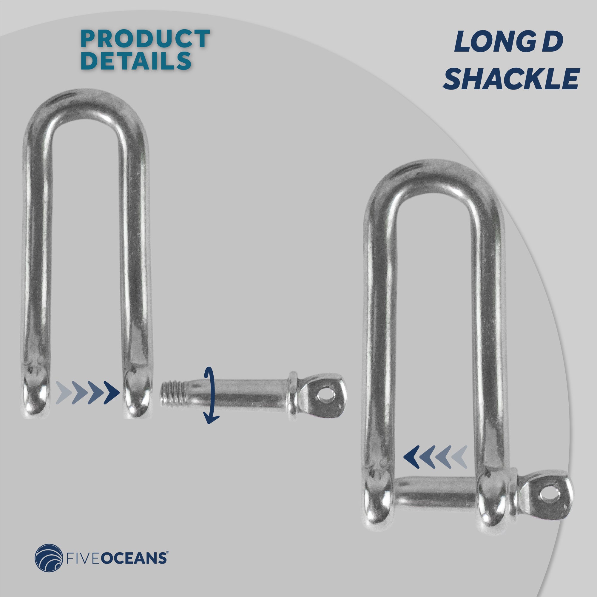 Pin Long D Shackles, 3/16" Stainless Steel - FO420 - Five Oceans