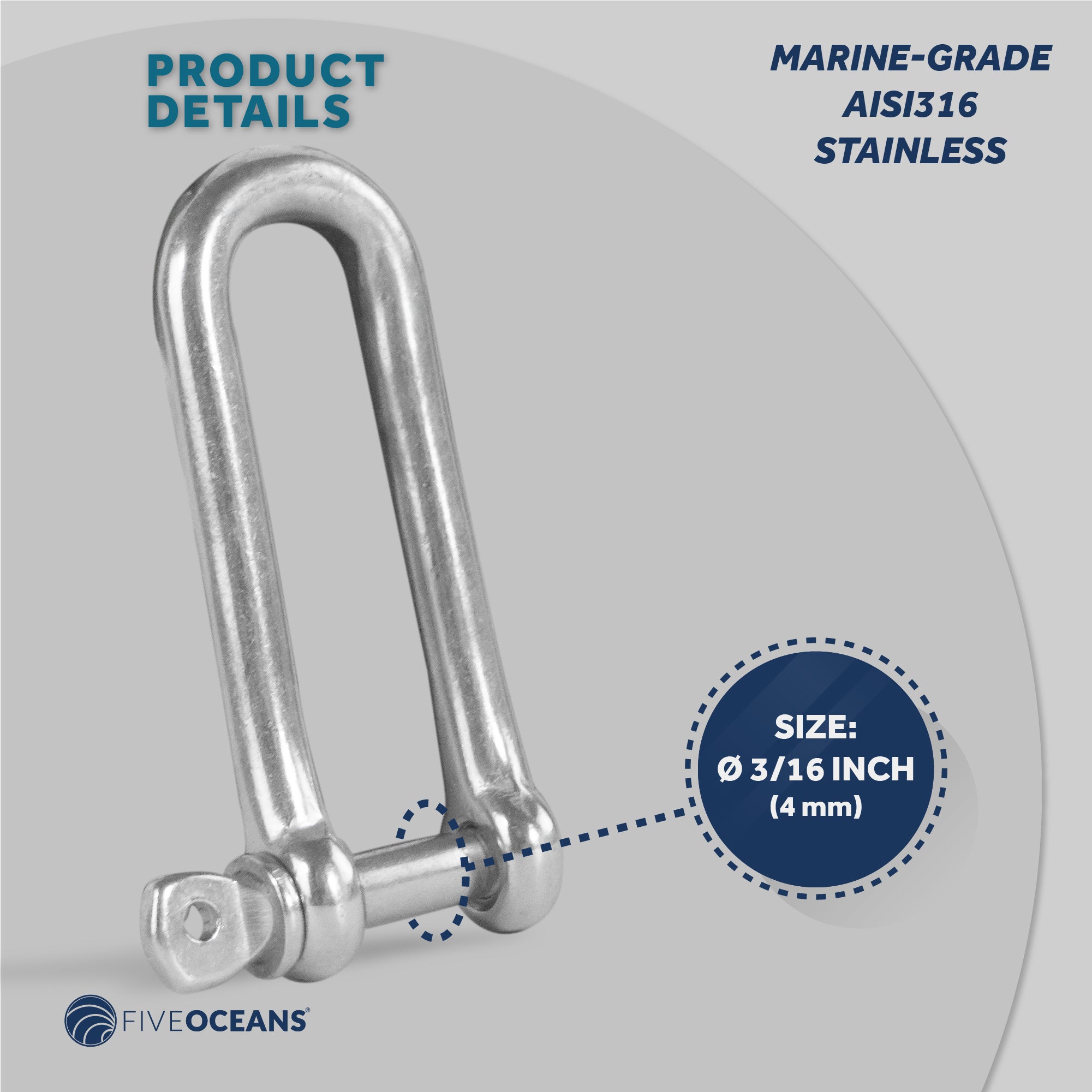 Pin Long D Shackles, 3/16" Stainless Steel - FO420 - Five Oceans