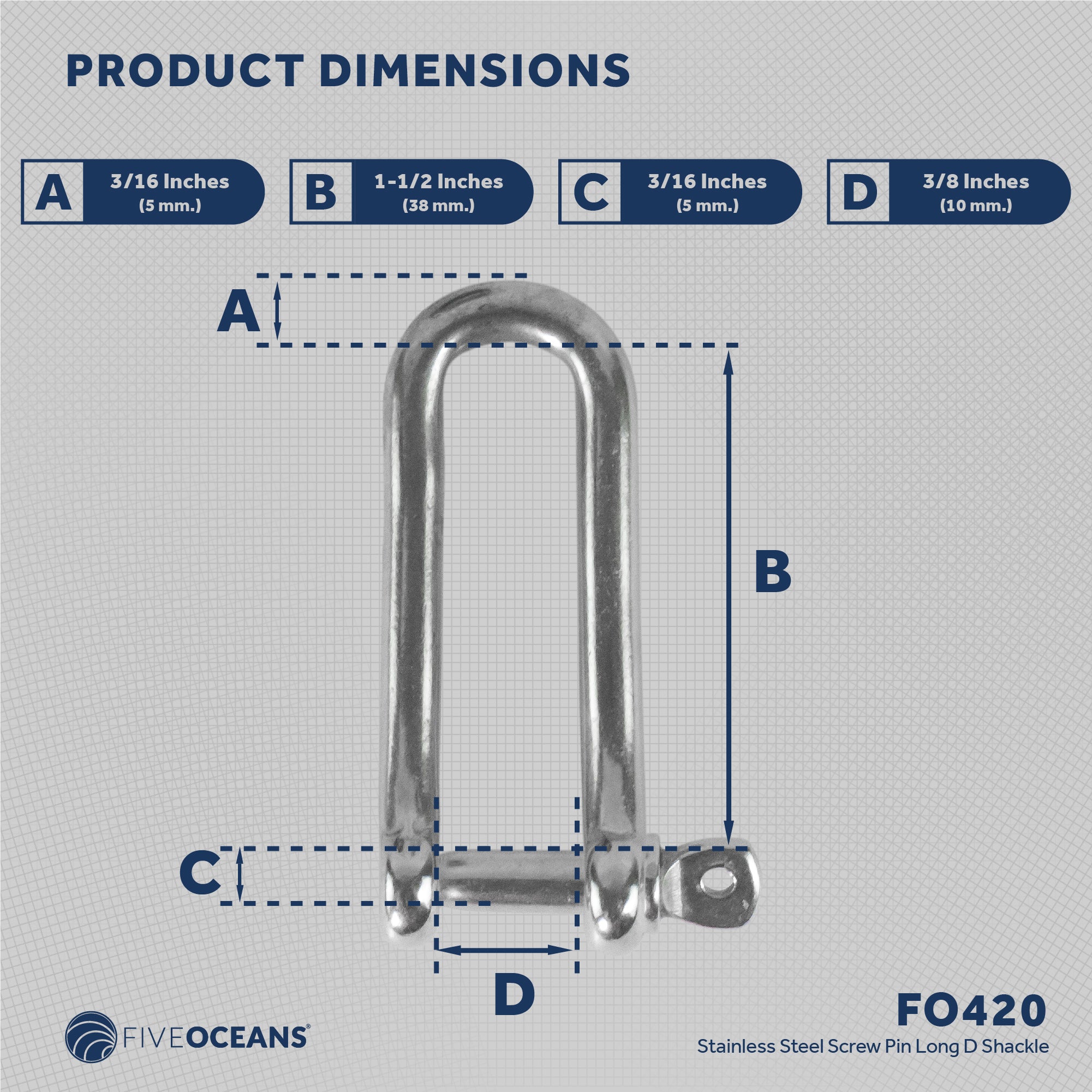 Pin Long D Shackles, 3/16" Stainless Steel - FO420 - Five Oceans