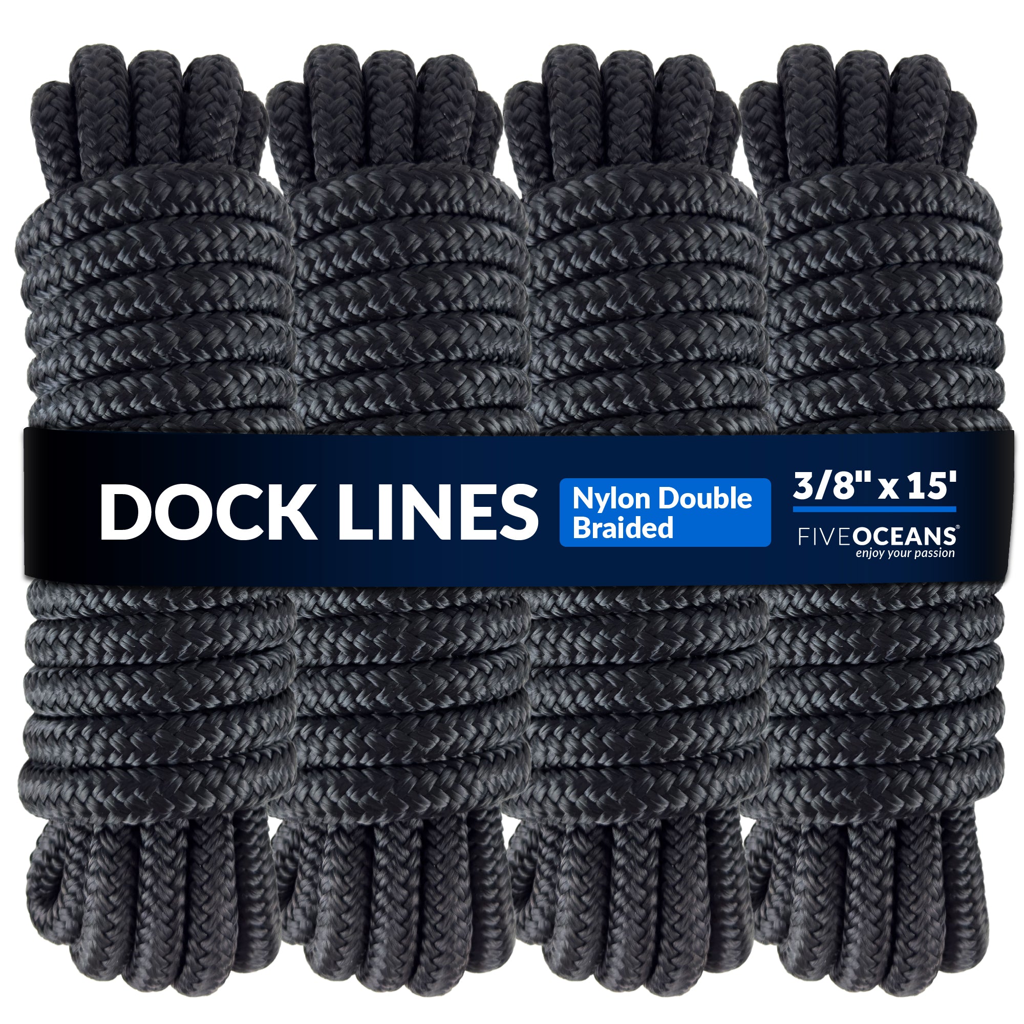 Dock Lines, 3/8 x 15', Black Nylon Double Braided with 12 Eyelet, 4