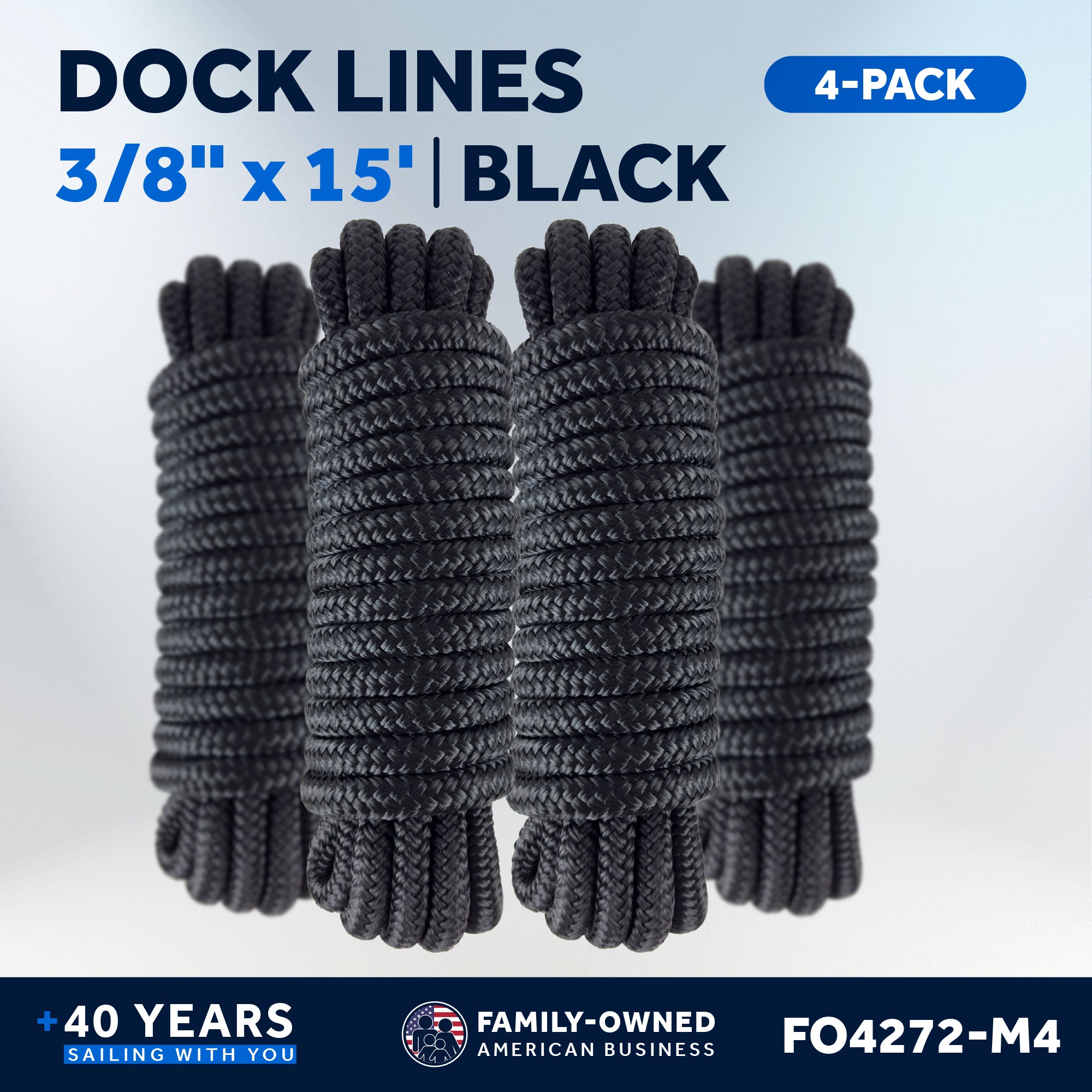 Dock Lines, 3/8" x 15', Black Nylon Double Braided with 12" Eyelet, 4 Pack - FO4272-M4