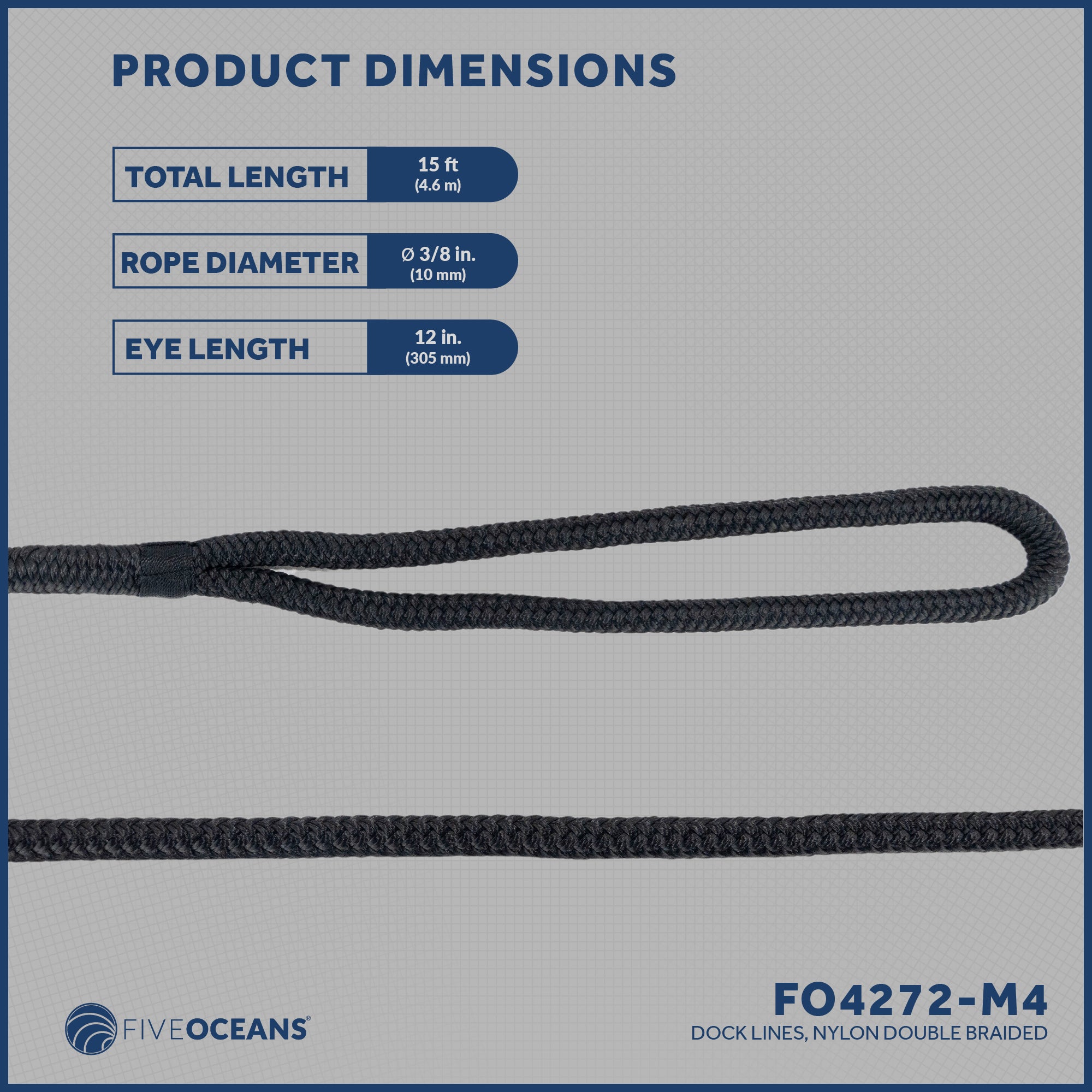 Dock Lines, 3/8" x 15', Black Nylon Double Braided with 12" Eyelet, 4 Pack - FO4272-M4