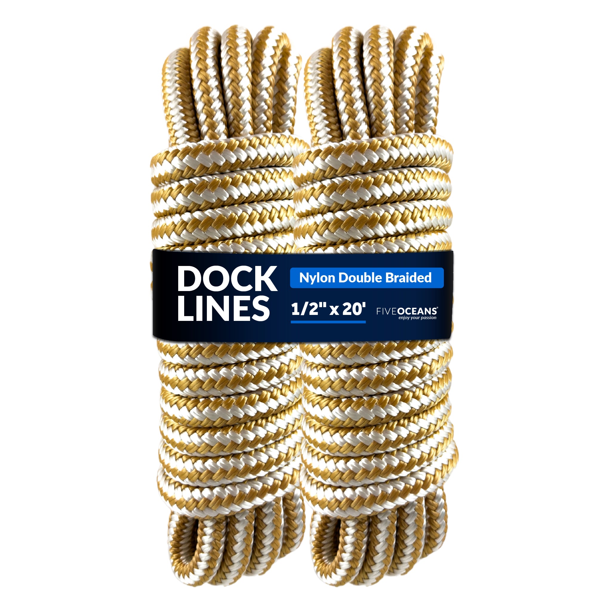 Dock Lines, 1/2" x 20', Gold/White Nylon Double Braided with 12" Eyelet, 2-Pack - FO4274-M2