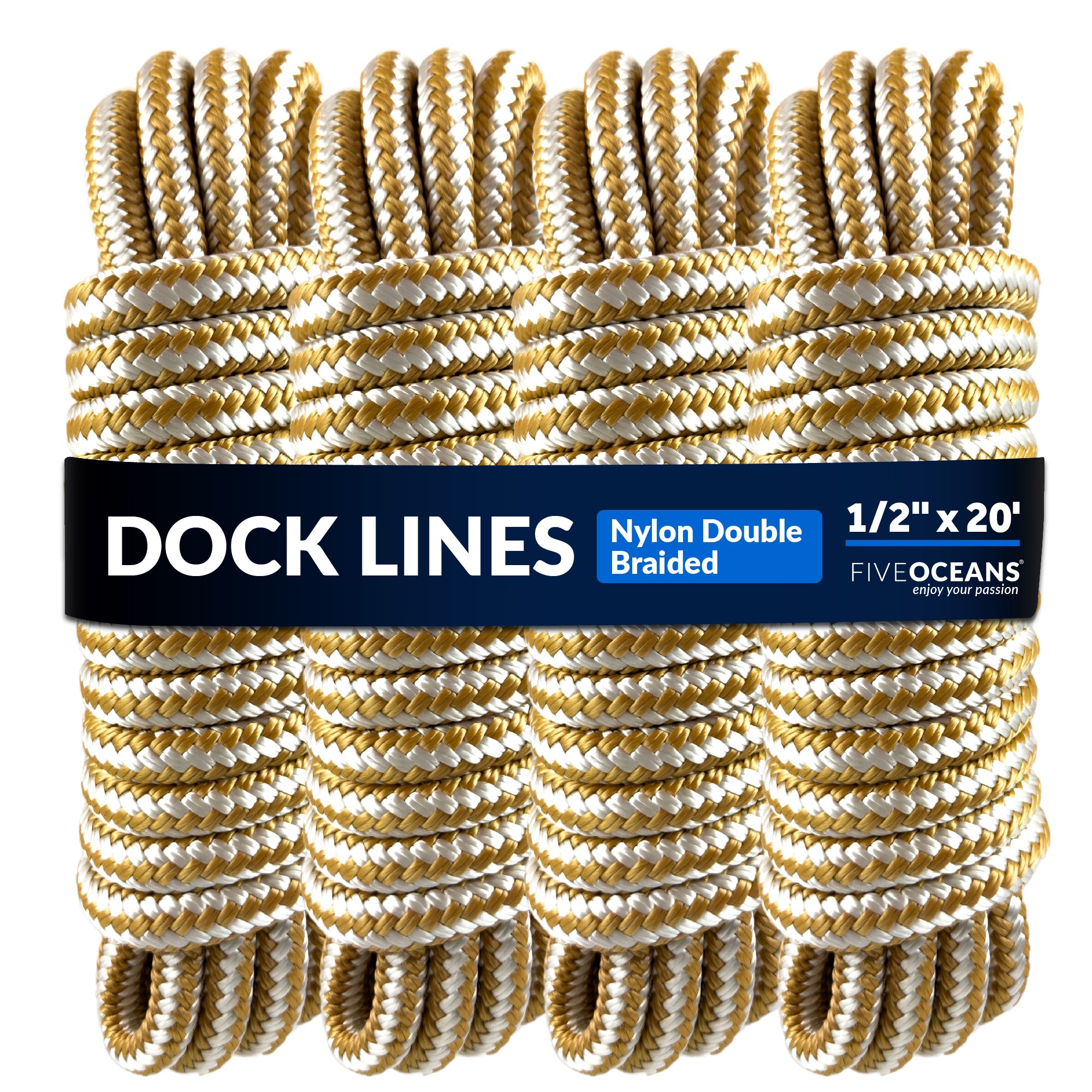 Dock Lines, 1/2" x 20', Gold/White Nylon Double Braided with 12" Eyelet, 4-Pack - FO4274-M4
