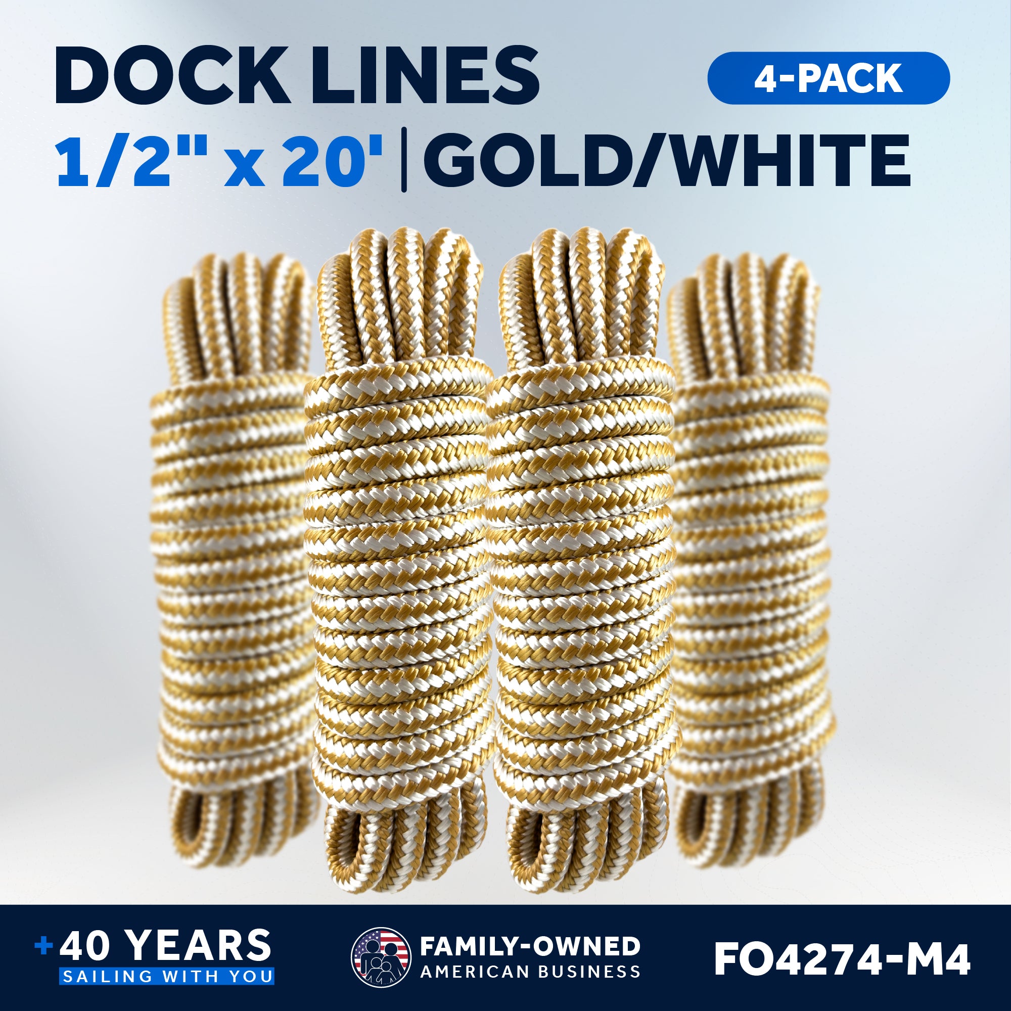 Dock Lines, 1/2" x 20', Gold/White Nylon Double Braided with 12" Eyelet, 4-Pack - FO4274-M4