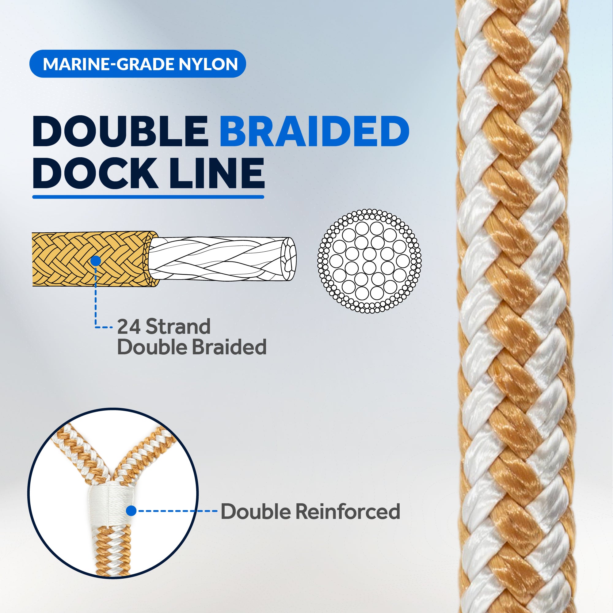 Dock Lines, 1/2 x 20', Gold/White Nylon Double Braided with 12 Eyele