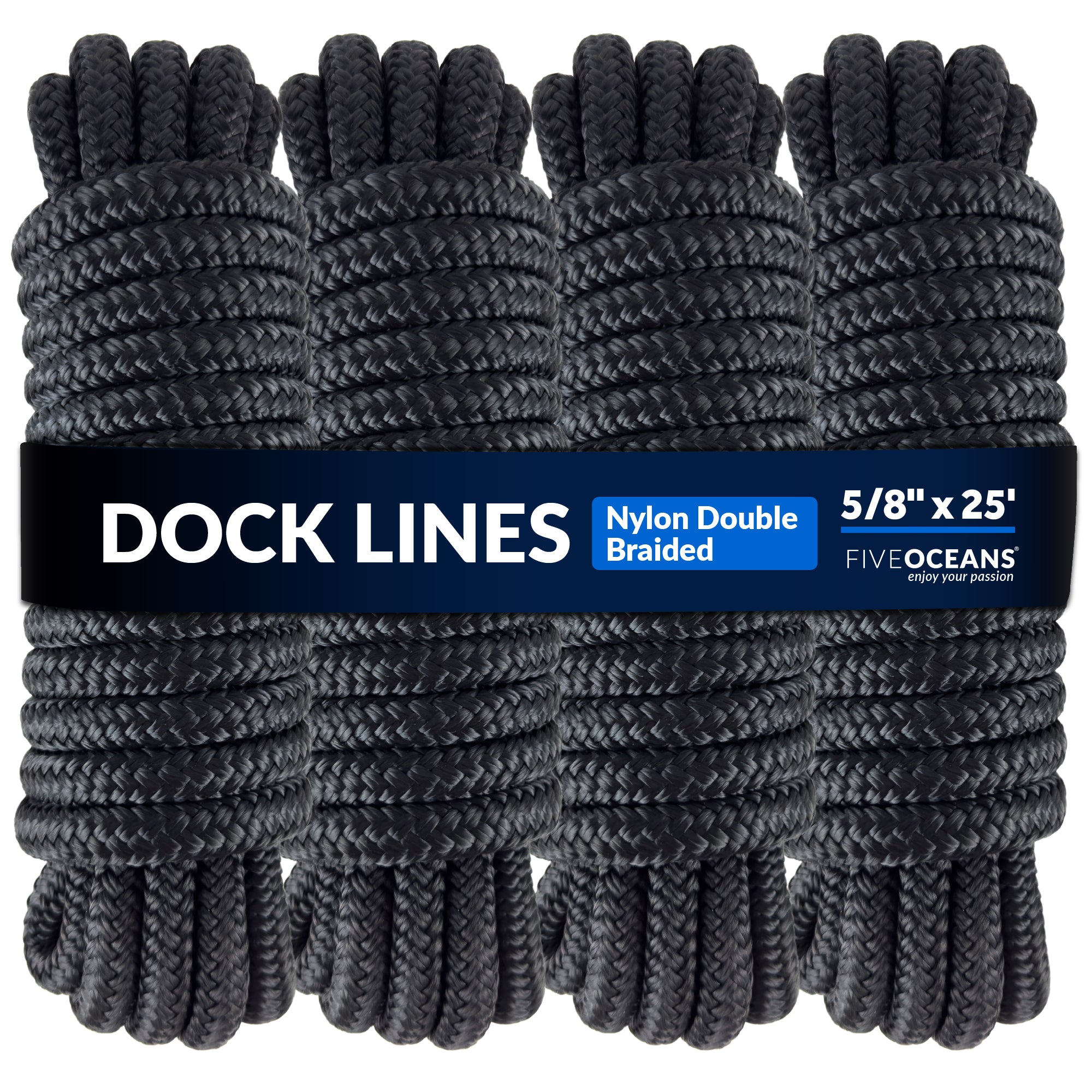 Dock Lines, 5/8"x 25', Black Nylon Double Braided with 16" Eyelet, 4-pack - FO4275-M4